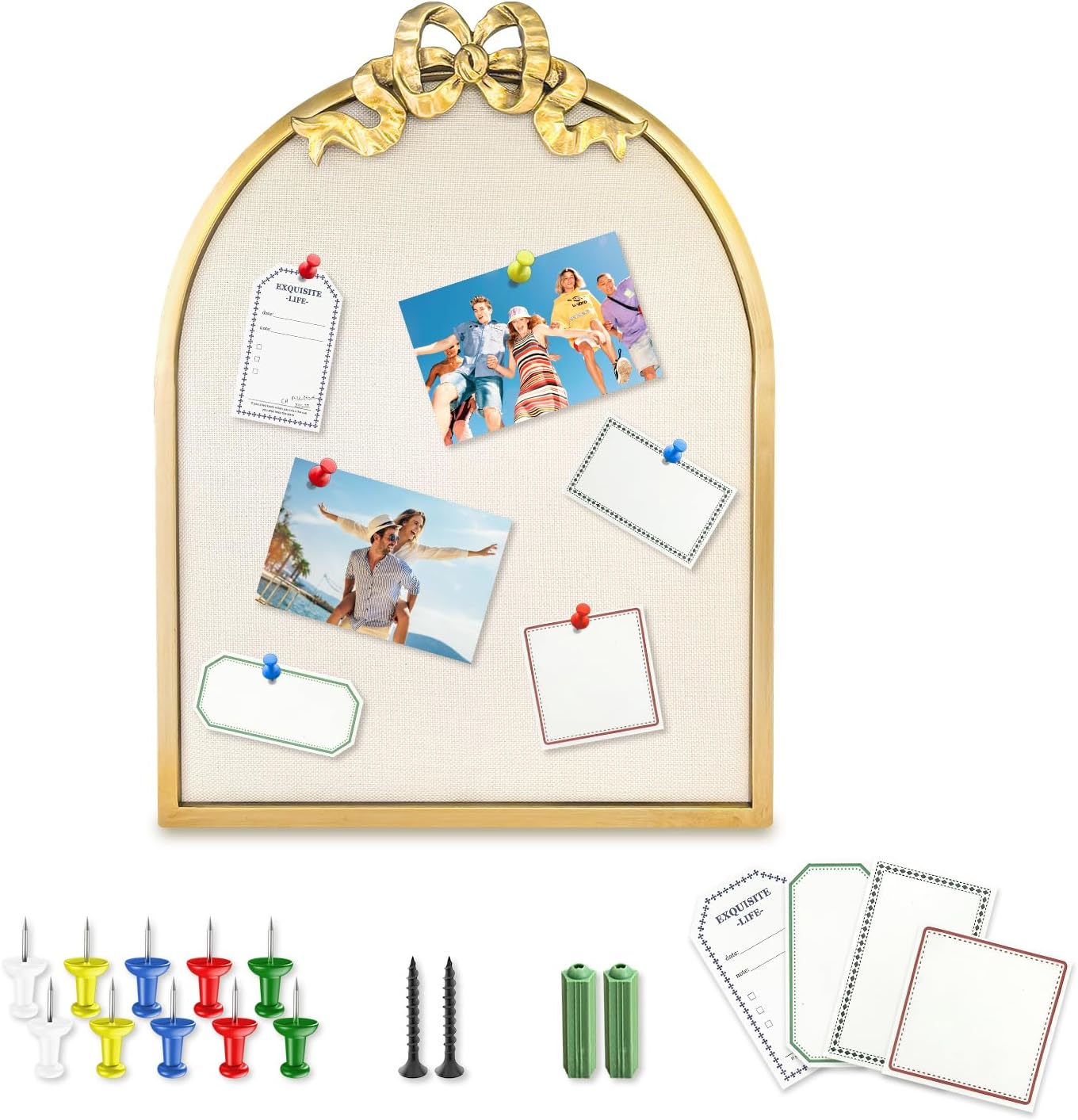 Vintage Arched Linen Cork Board with Gold Bowknot – Decorative Bulletin Board for Walls, Iron Frame Pin Board for Notes, Photos & Reminders, Elegant Vision Board for Home & Office 16"x21"