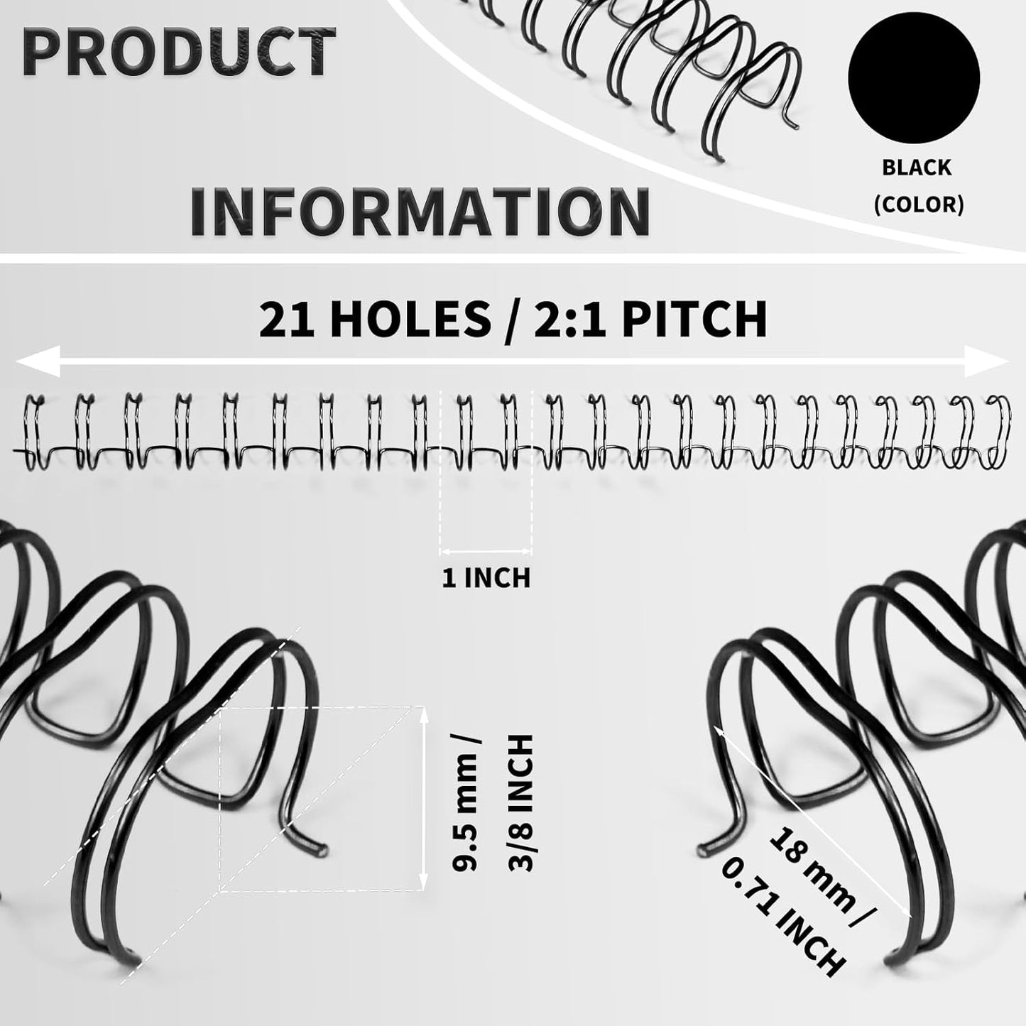 Rayson 2:1 Pitch Double Loop Wire Binding Spines, 3/8 Inch (9.5mm), 21 Loops, Black, Holds 10–70 Sheets, Pack of 100 – Metal Wire Binding Combs for Letter Size Paper
