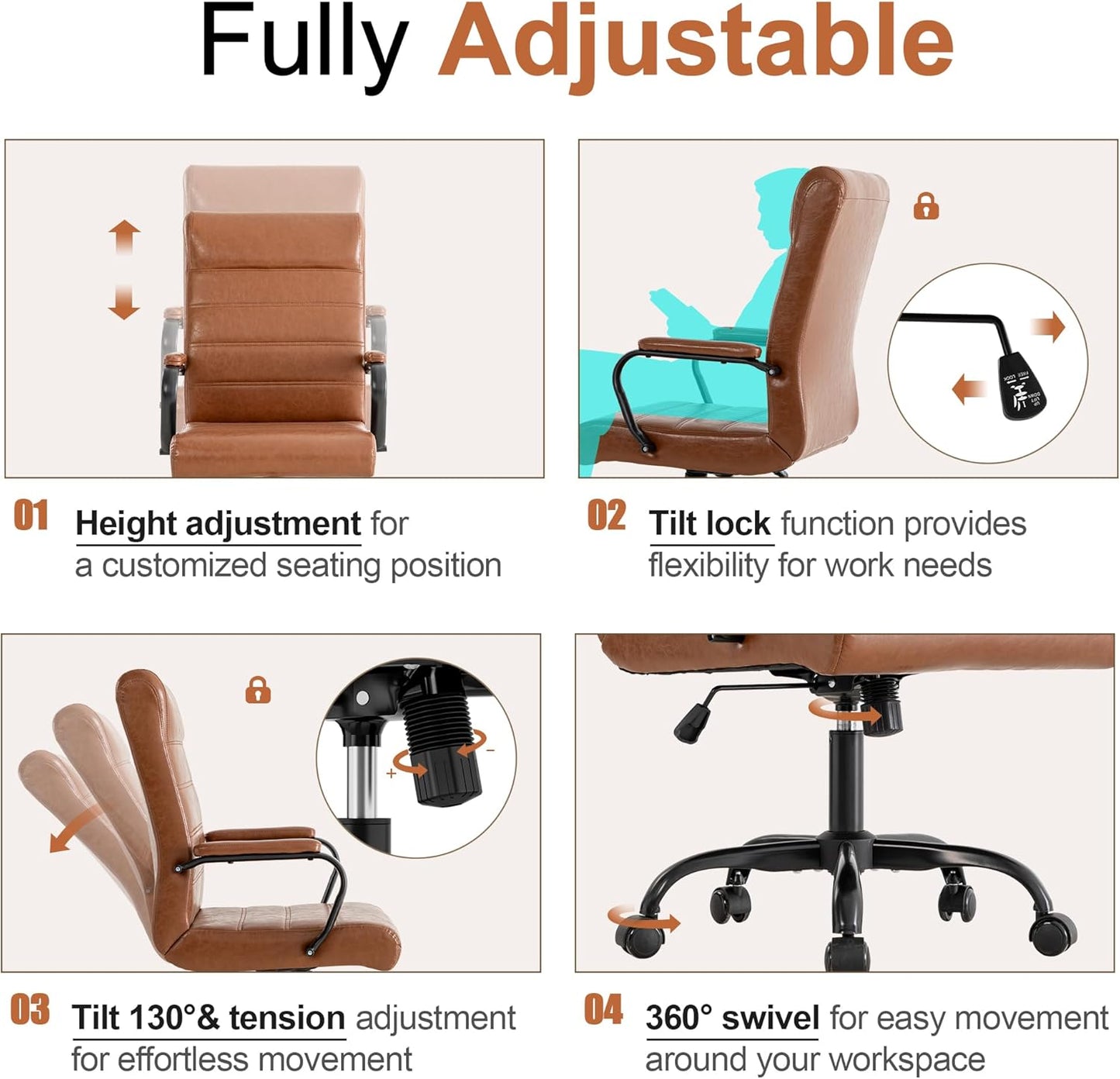 Office Desk Chair,Modern Leather Conference Room Chairs,High Back Home ofiice Chair,Adjustable Height Swivel Executive Computer Chair with Padded Seat and Armrest (Brown with Black Frame)