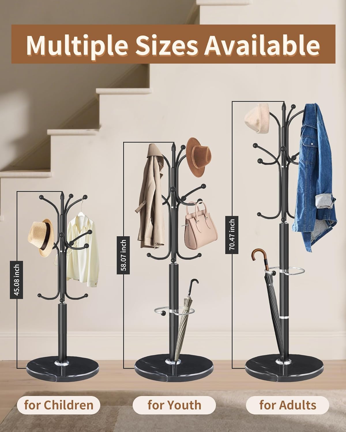 EZIVIEZ Modern Coat Rack Stand, Metal Freestanding Coat Rack with Natural Marble Base, Heavy-Duty Coat Racks with Umbrella Holder,Black Coat Hanger Stand with 12 Hooks for Office, Entryway, Hallway
