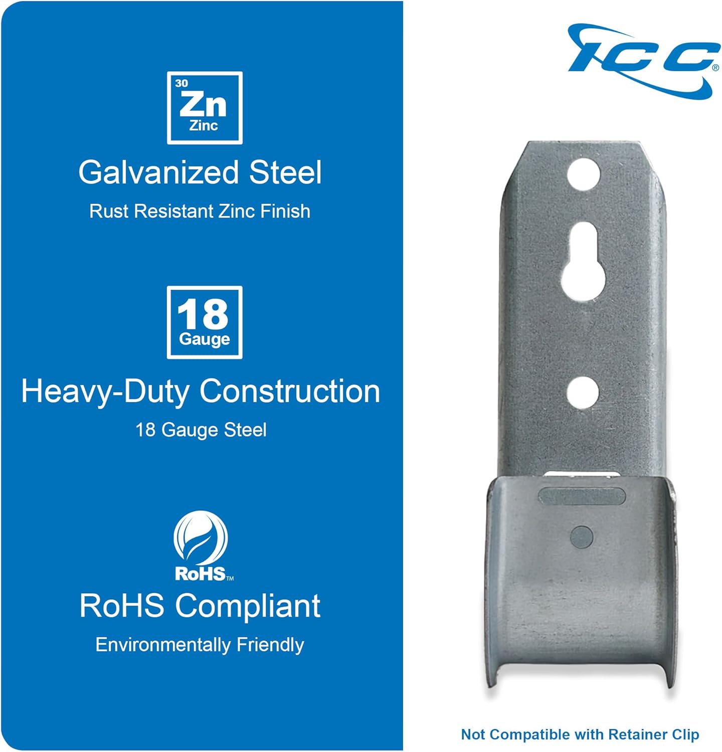 ICC 1-5/16"-Inch Wall Mount J-Hook – 25-Pack, Cable Support Hooks Without Retainer Clips, Galvanized Steel with Zinc Finish – for Structured Cabling and Cable Management