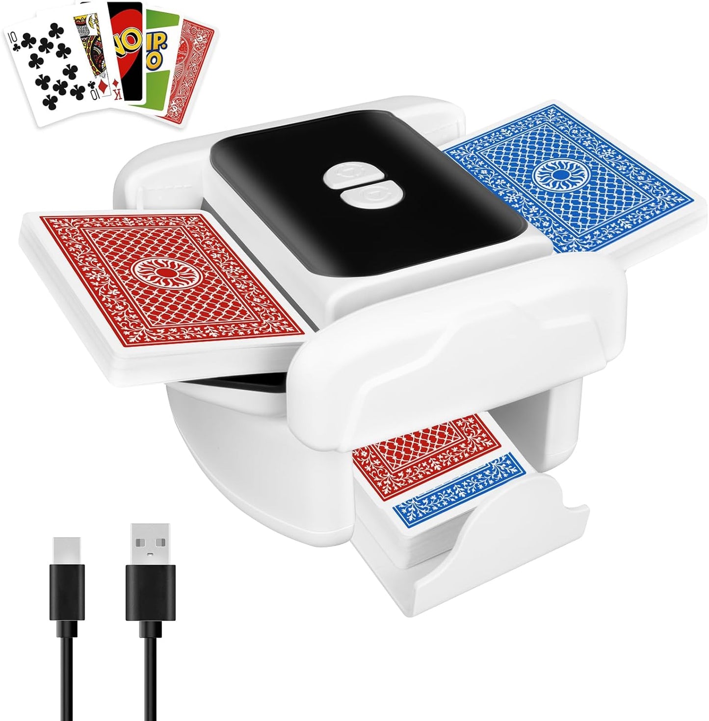 Card Shuffler - Rechargeable Low Noise Portable Automatic Shuffler for 1–2 Decks Compatible with UNO, Poker, Blackjack, Skip-Bo, Phase 10