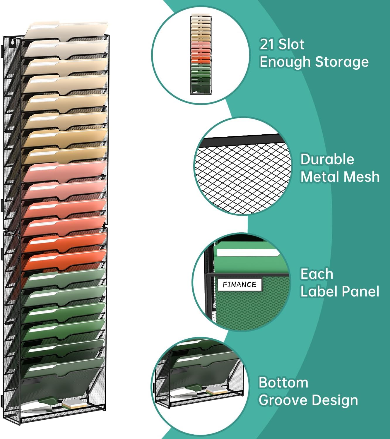 SUPEASY 21-Tier Wall File Organizer Mesh Office Mail Holder, Hanging Wall Organizer Magazine Rack for Office Assembly Needed, Black