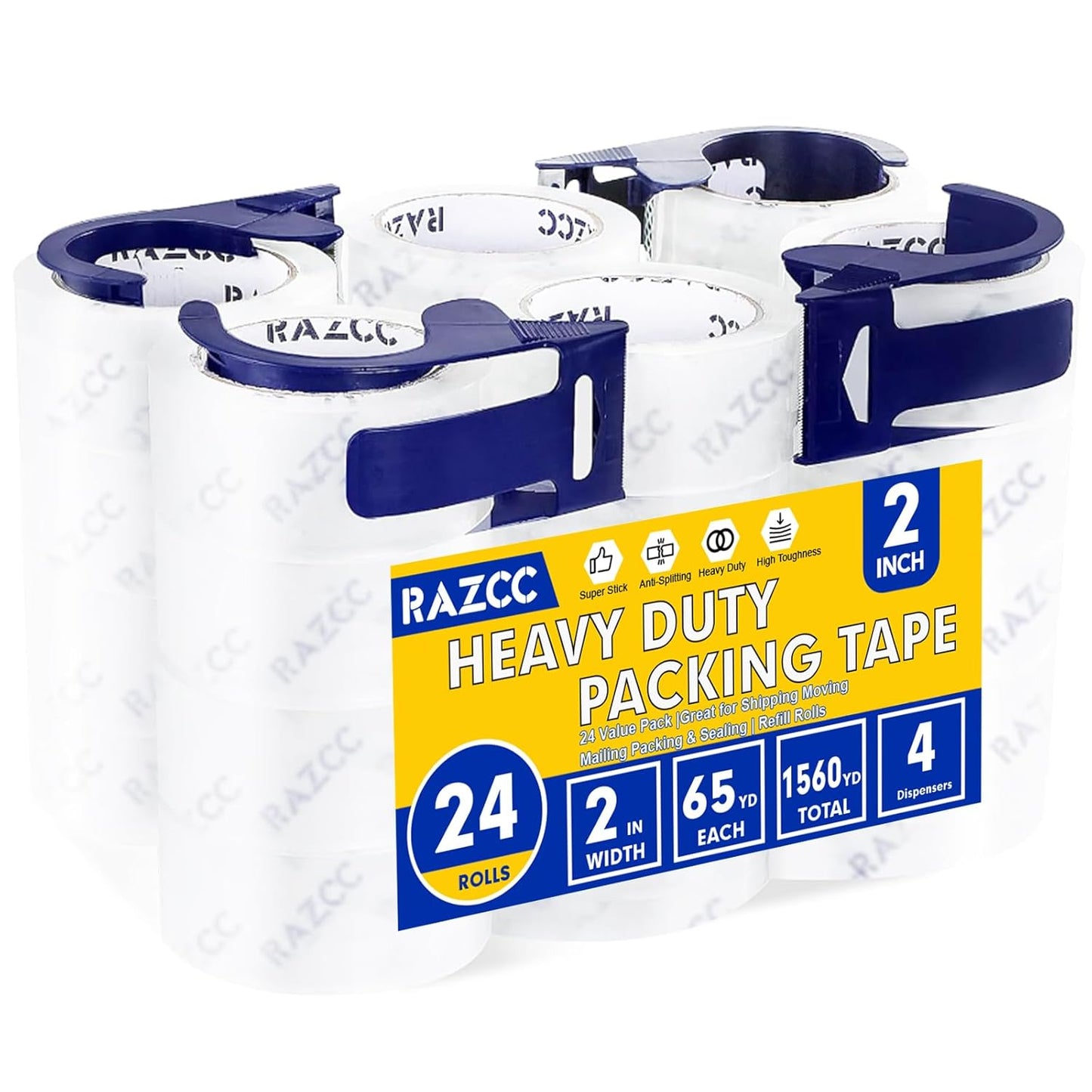 Clear Packing Tape, 24 Rolls Heavy Duty Packaging Tape with Dispensers for Packing Shipping Moving and Sealing, Thicker Packing Tape-2" x 65 Yards Per Roll, 1560 Total Yards