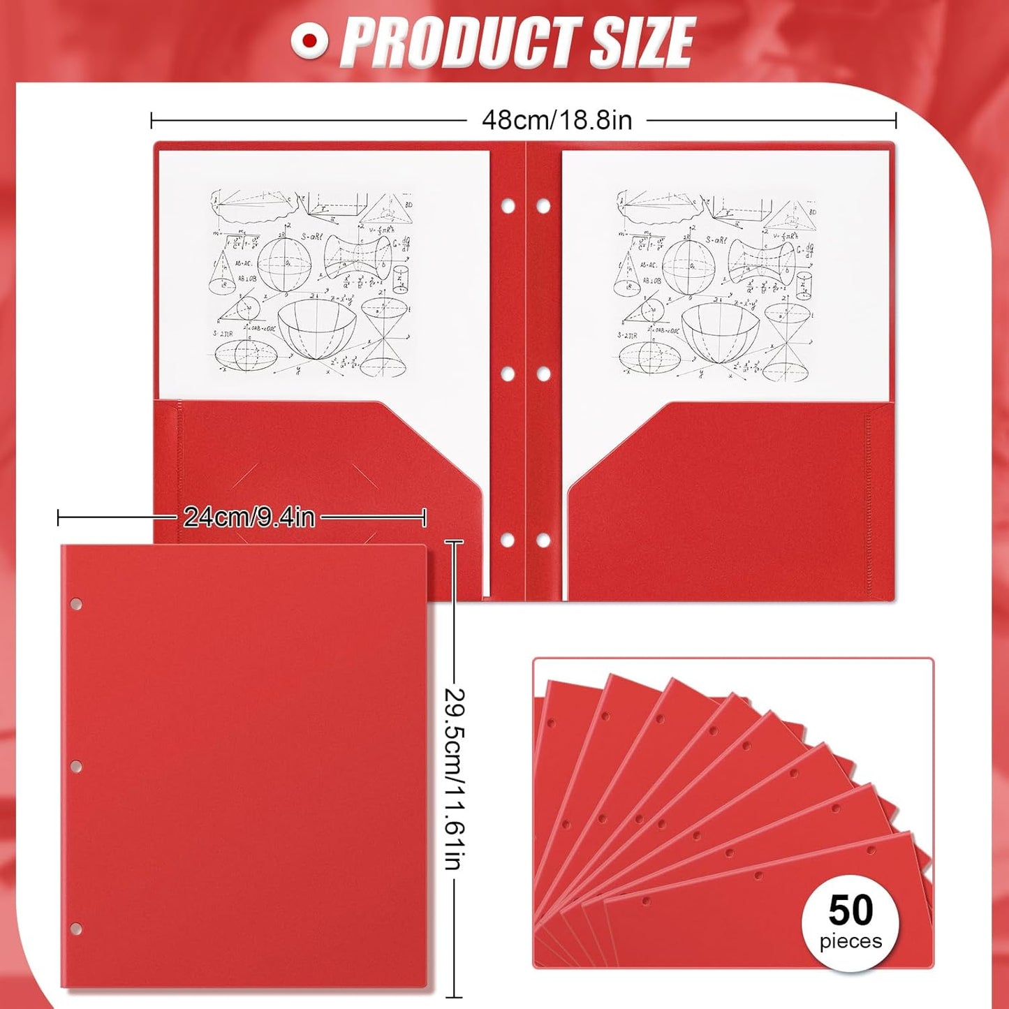 Yeaqee 50 Pcs Plastic Folders with Pockets Bulk 3 Hole Punched 2 Pocket File Folders for 3 Ring Binder Divider Folder for Notebooks, Durable Poly for Office Home (Red)