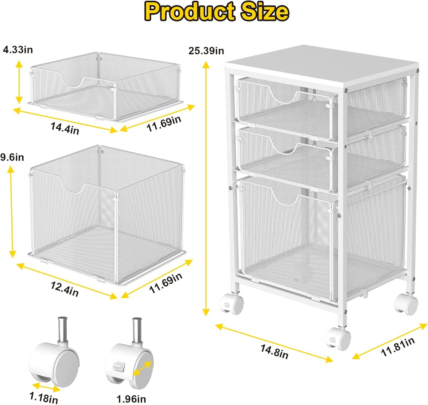 Rolling File Cart with 3 Storage Drawers, Wood & Mesh Hanging File Folder Organizer with Wheels Under Desk, File Cabinets for Home Office, 11.81" D x 14.8" W x 25.39" H, White