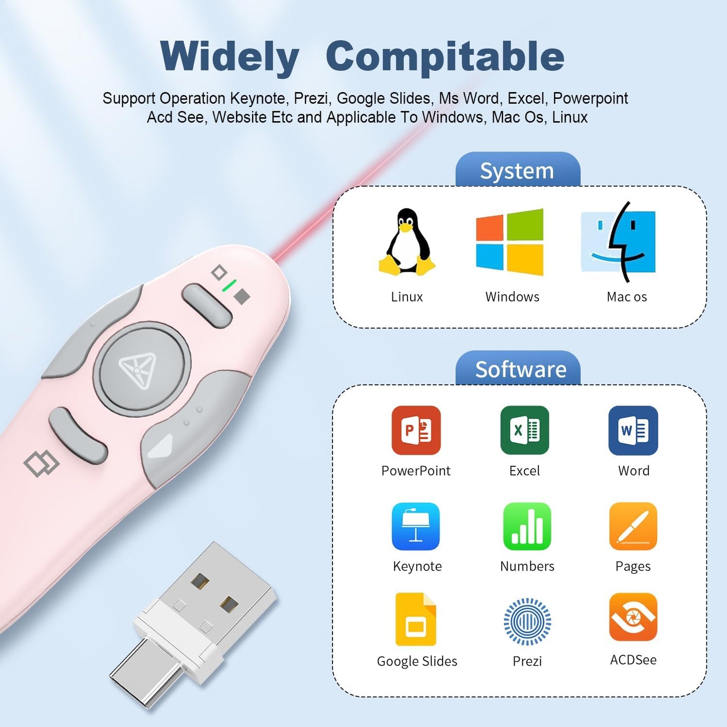 QUI Presentation Clicker Wireless Presenter Remote Clicker for PowerPoint Presentation Remote, PowerPoint Slide Advancer for Mac/Windows/Linux, Google Slide/PPT/Keynote, Type-c, Pink