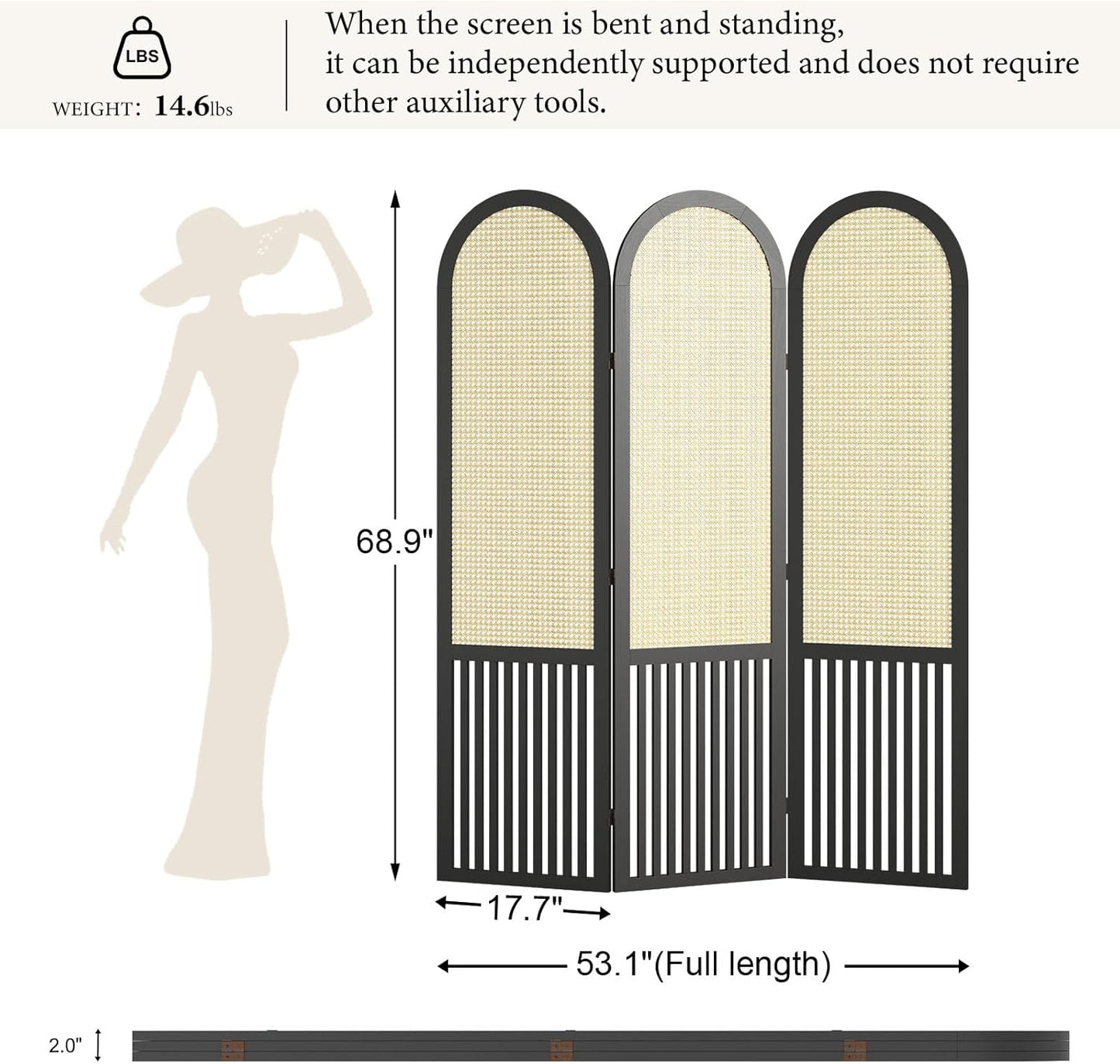 3-Panel Hand-Woven Rattan Room Divider, Tall Foldable Privacy Screen with Wooden Frame - Freestanding Portable Partition for Home Office, Bedroom, Bathroom(Black-Pine)