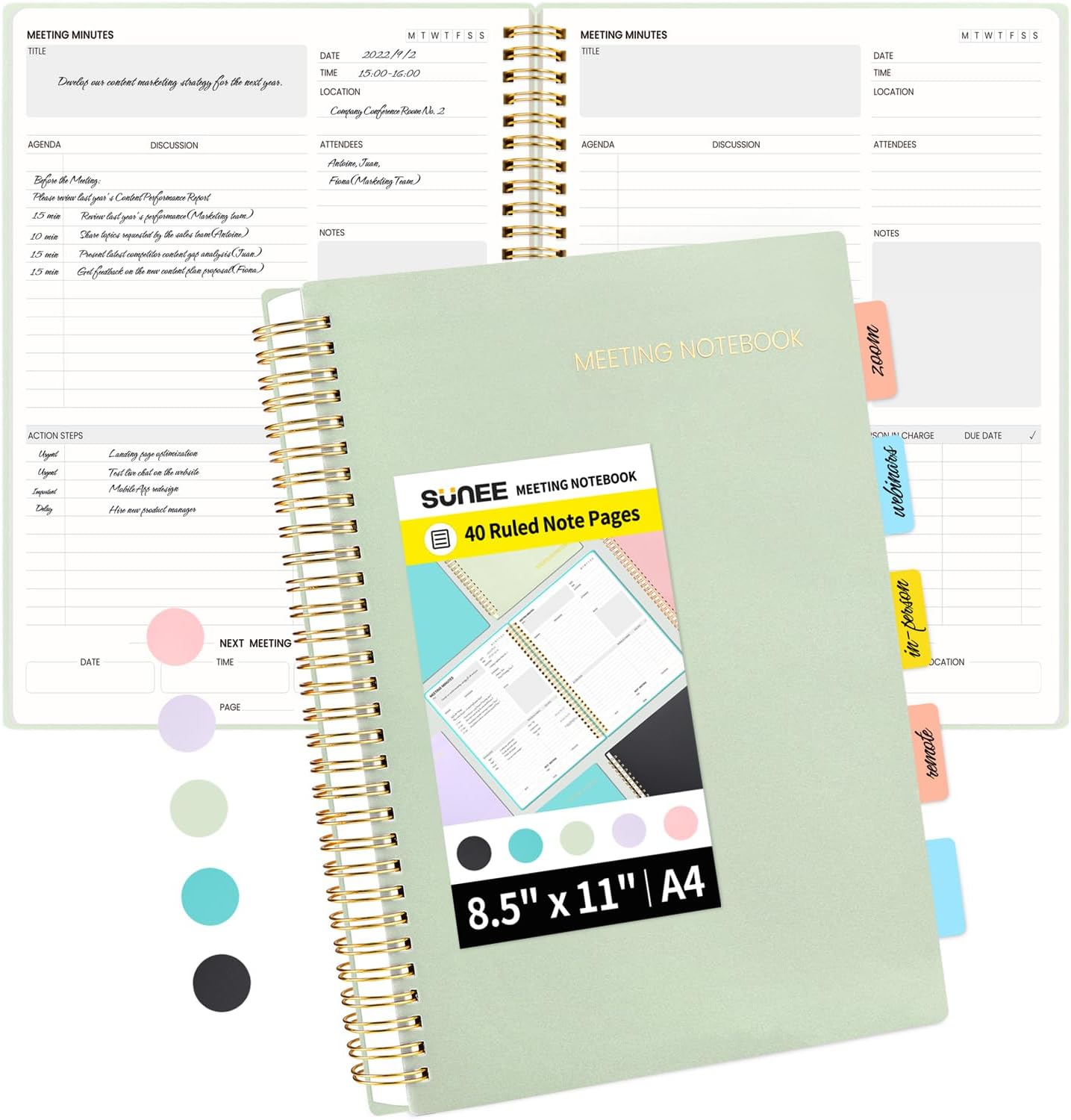 SUNEE Meeting Notebook for Work with Sticky Tabs - 160 Pages, A4 Size Project Planner, Spiral Meeting Agenda/Minutes Notebook Organizer for Women Men, Note Taking, Office&Business,8.5"x11", Sage Green