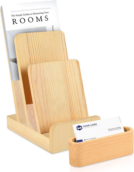 3-Tier Wood Brochure Holder With Business Card Holder Rack Flyer Holder Postcard Display Literature Holder Pamphlet Display Stand For Magazine Flyer Holder Booklets Menu Journals