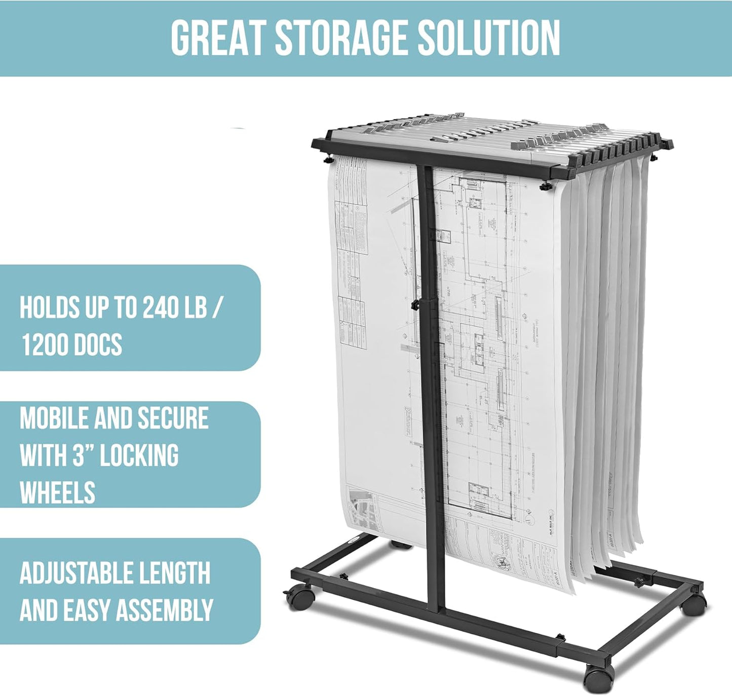 Adir Blueprint Rack and Clamps - 12 Pack of Blueprint Clamp and Mobile Blueprint Rack, Heavy-Duty Large Document Storage Solution for Blueprints, Posters, Maps, & Construction Plans