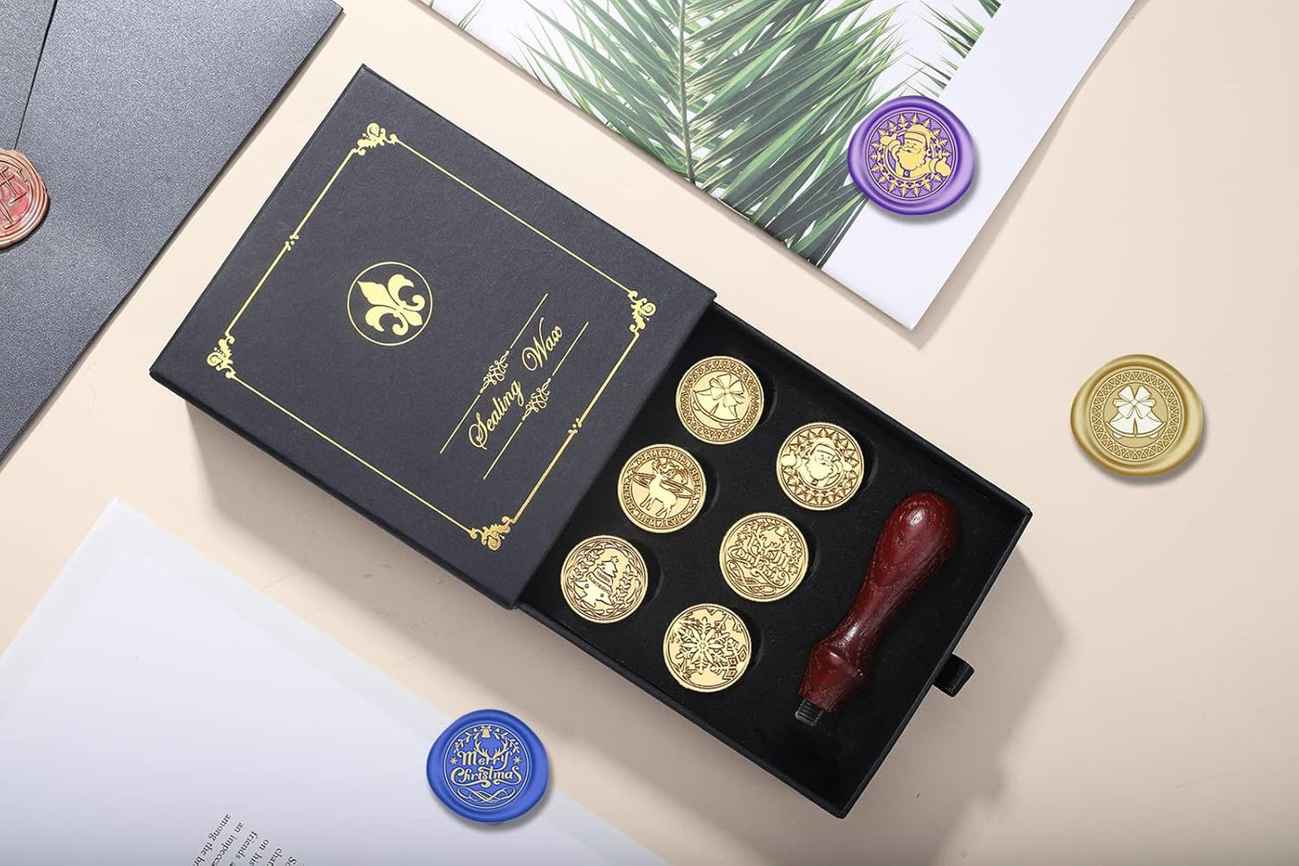 Christmas Wax Seal Stamp Hot Stamping Gift Box Set, 6 Pcs Sealing Wax Stamps Copper Seals 1 Wooden Hilt, Wax Stamp Kit for Cards Envelopes, Gift Packaging (Christmas Series)