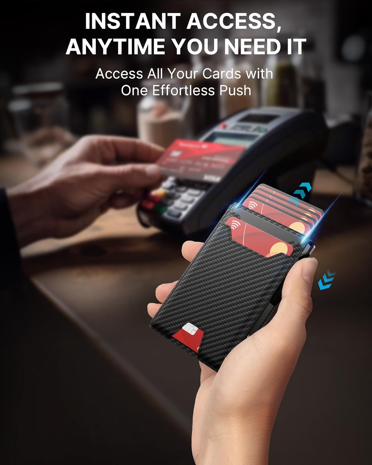 typecase Smart Wallet for Men: Metal Rfid Blocking Card Case, Ultra-Slim Bifold Wallet, Magnetic Card Holder, 9-13 Cards Capacitiy, Smart Popup Wallet for Men with Money Clip - Carbon Fiber