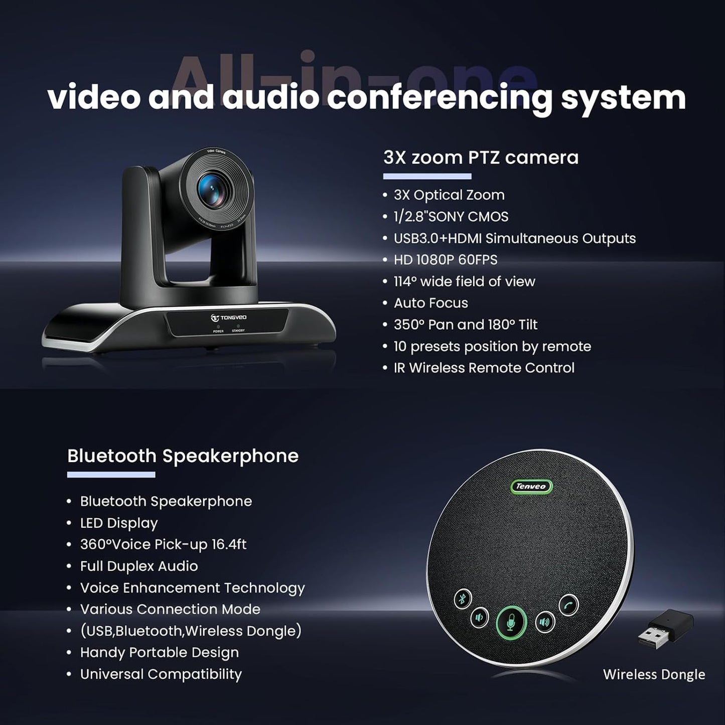 All-in-One Conference Room Video Camera System Bundle HD 1080P 60fps 3X Optical Zoom USB3.0 HDMI PTZ Camera and Bluetooth Conference Speakerphone with Microphones