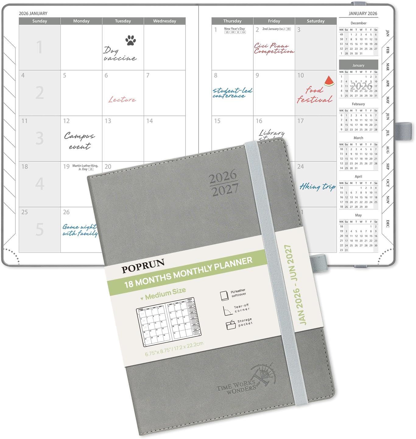 POPRUN Monthly Planner 2026-2027 (Medium- 6.5'' x 8.5'' Soft Cover), 18-Month Calendar Book (Jan.2026 - Jun. 2027), Calendar Planner with Monthly Tabs & Pocket, 100 GSM Paper - Grey