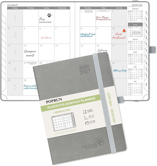 POPRUN Monthly Planner 2026-2027 (Medium- 6.5'' x 8.5'' Soft Cover), 18-Month Calendar Book (Jan.2026 - Jun. 2027), Calendar Planner with Monthly Tabs & Pocket, 100 GSM Paper - Grey