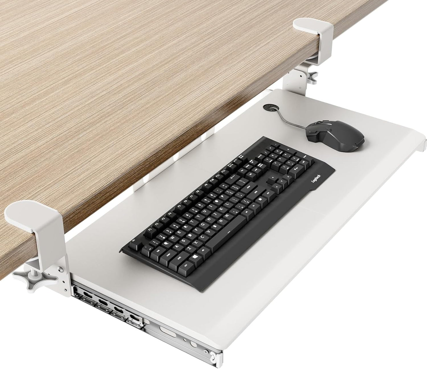 AX WABER Keyboard Tray Under Desk Pull Out with Extra Sturdy C Clamp Mount System, 27.3 (32.5 inch Including Clamps) x 11 Inch Slide-Out Platform Computer Drawer for Typing White AX01WW01