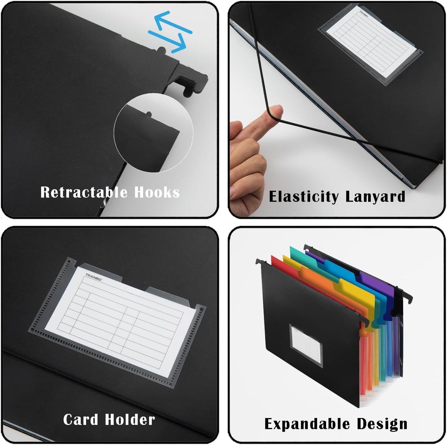 TRANBO 7-Pockets Hanging File Folder with Retractable Hooks for Filing Cabinet, Letter Size Expandable Accordion File Organizer with Elastic Band for File Frame or On-The-Go Use (3 Pack)