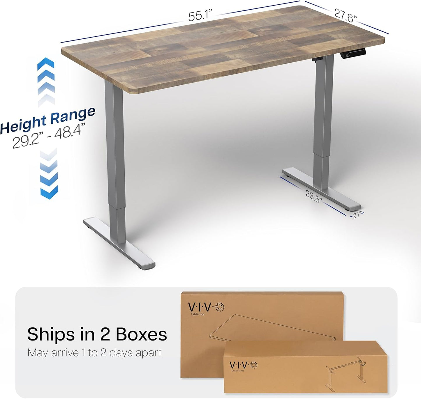 VIVO Electric 55 x 28 in Standing Desk, Memory Height Adjustment, 1B Series, One-Piece Reclaimed Wood Top, Gray Frame, DESK-KIT-1G55P