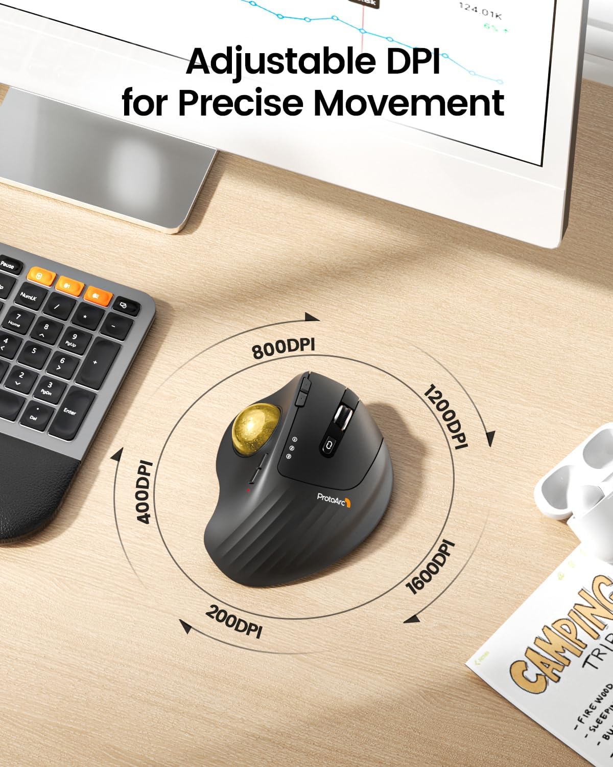 ProtoArc Wireless Trackball Mouse, EM01 NL Ergonomic Bluetooth Rollerball Thumb Rechargeable Computer Laptop Mouse, Adjustable Angle & 3 Device Connection for PC, Mac, Windows-Gold Ball