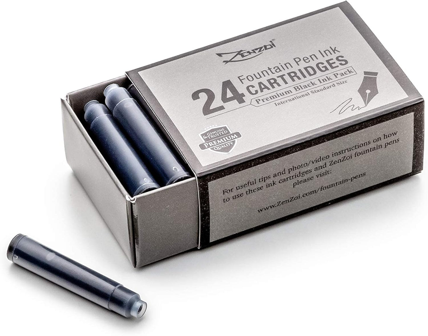 ZenZoi Fountain Pen Ink Cartridge Refills- 24 Bulk Premium Black Case- Professional Grade, International Size, Non-Toxic Ink- Smooth, Blotch-Free Writing for Luxury Pens – German Nibs (Black)