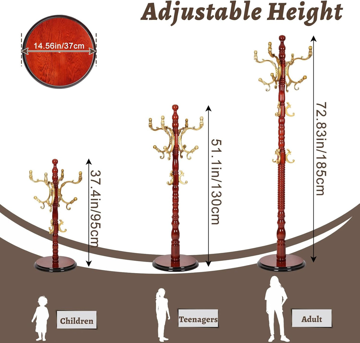 Wooden Coat Rack Freestanding with Resin Hooks, Adjustable Heavy Duty Stand for Hanging Coats, Bags, Hats, and Umbrellas in Living Room, Bedroom, Entryway (Begonia wood color)