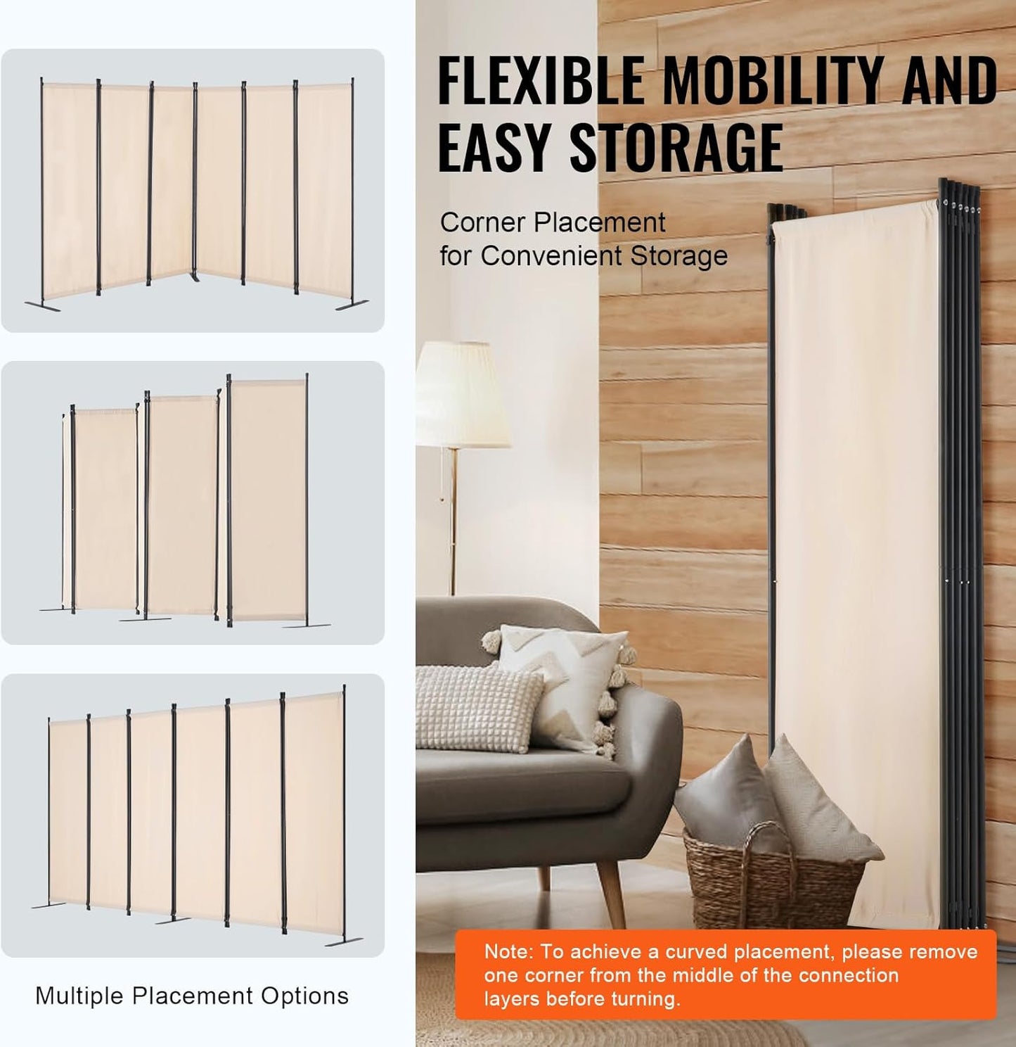 VEVOR Room Divider, 6 Panel Room Divider, Folding Privacy Screen and Portable Partition Divider for Room Separation, Freestanding Room Partitions for Office, Bedroom, Study, Beige