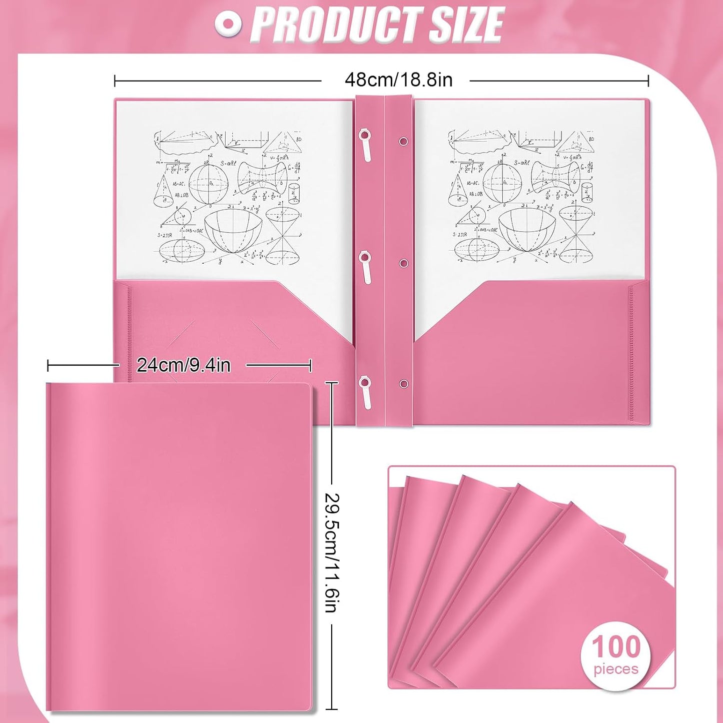 Lincia 100 Pcs Plastic Folders with Pockets and Prong Folders with Prongs 2 Pockets for Office, School for Students, Teachers, Office Workers(Pink)