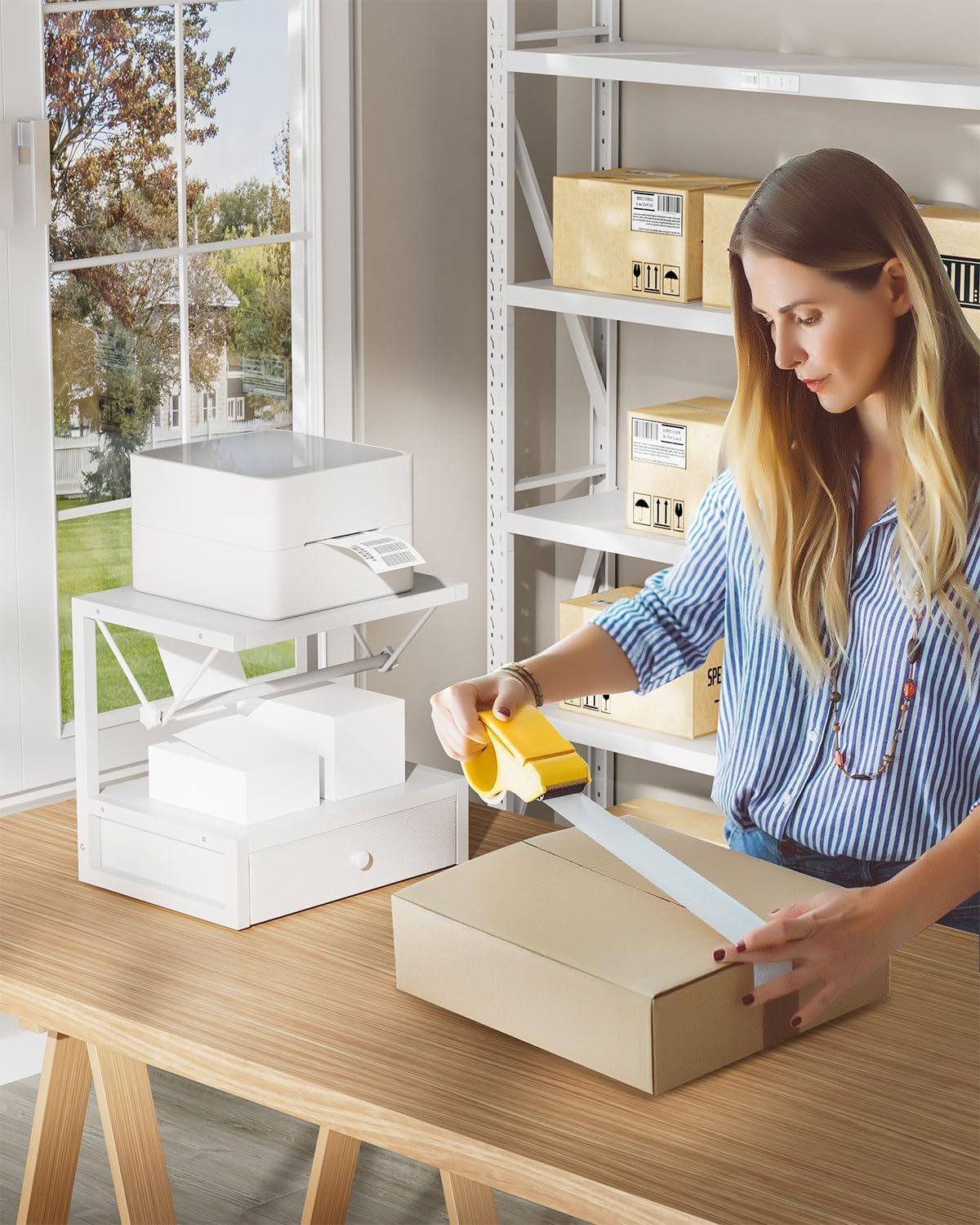 IBUYKE Label Holder for Rolls and Fan-Fold Labels,Wooden Thermal Shipping Label Stand With Drawer Desktop Printer Holder for Home, Office, Small Business,White TPS003W