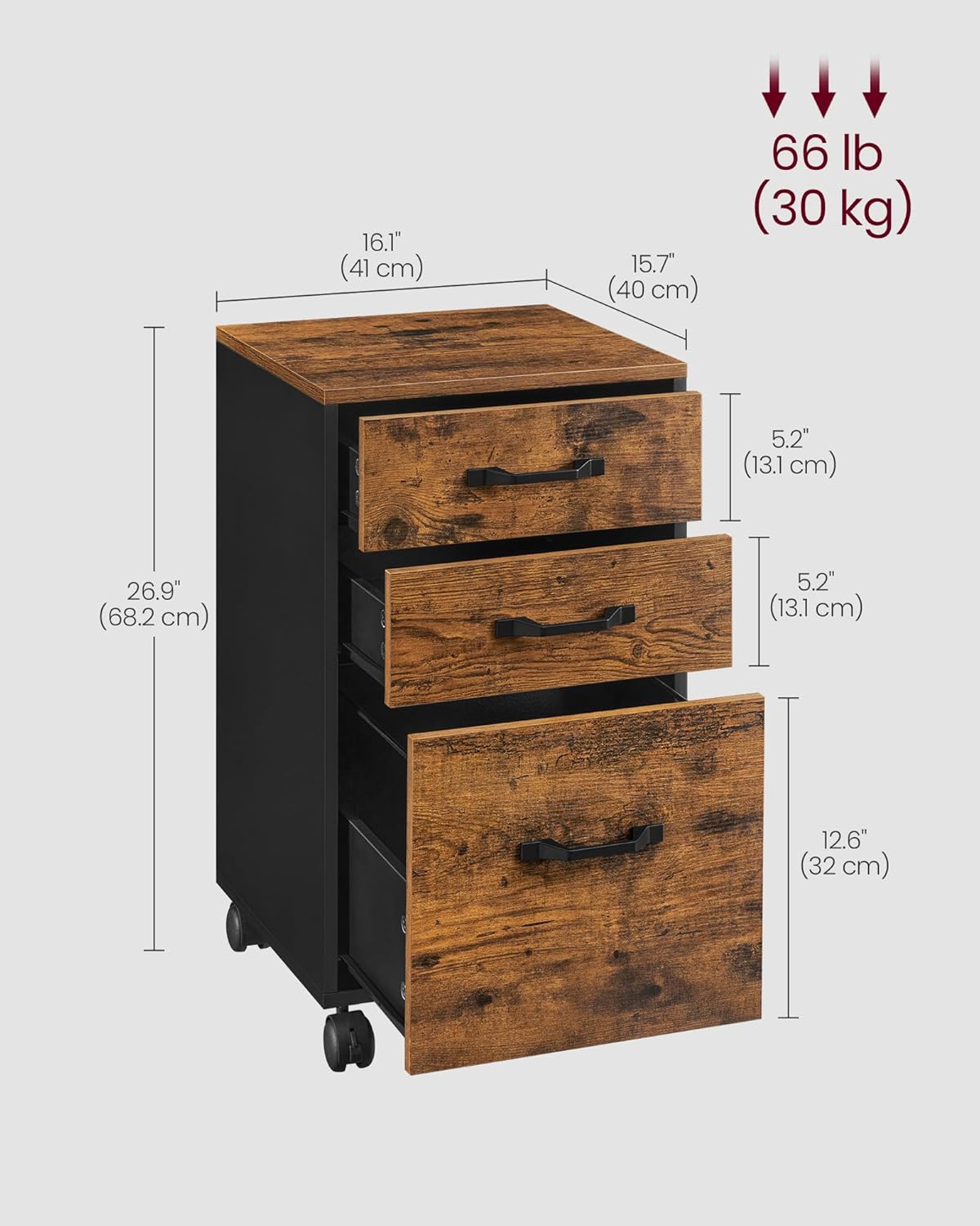 VASAGLE File Cabinet, 3 Drawers Filing Cabinet for Home Office, with Wheels, for A4, Letter Sized Documents, Hanging File Folders, Rustic Brown and Ink Black UOFC065B01