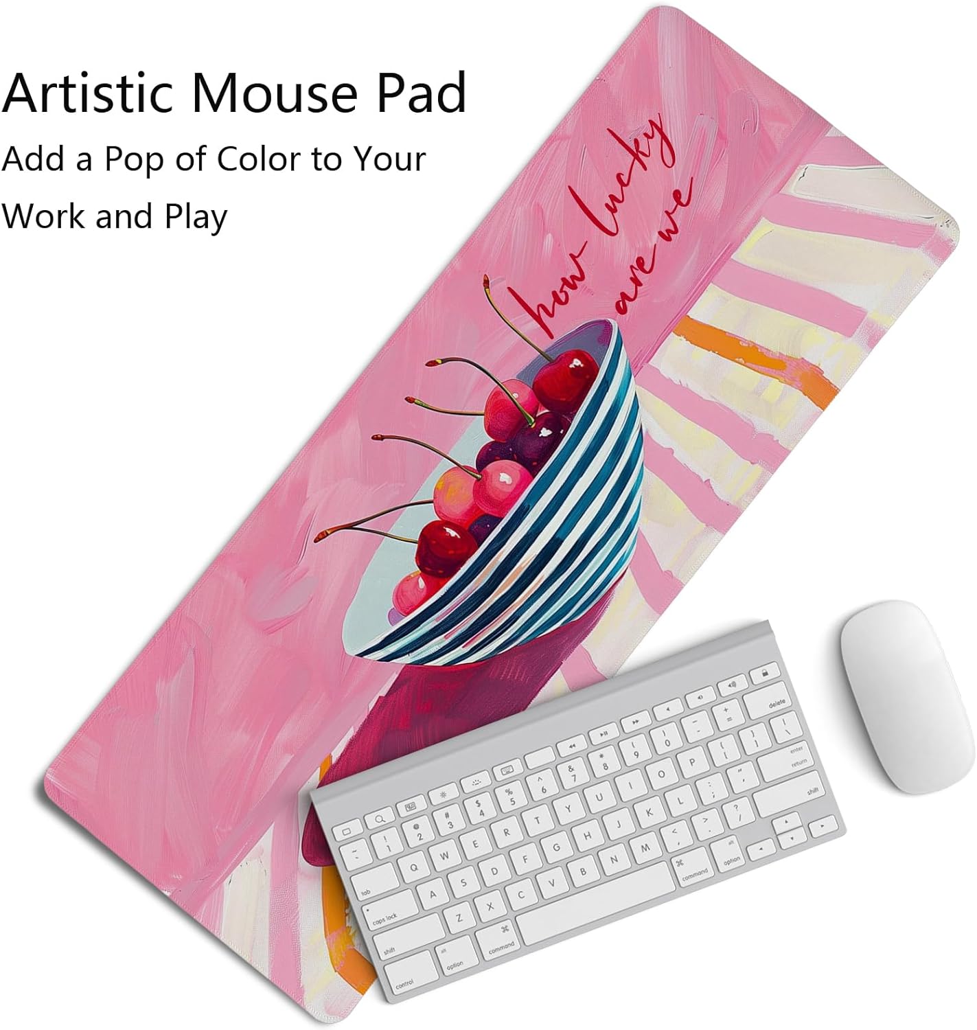 Pink Cherry Mouse Pads,Fun Girly Offices Decor Desk Mat,Pink Preppy Desk Mat,How Luck XL Large Mouse Pad,Fun Office Accessories Decor for Women Home Office Dorm 31.5x11.8Inch