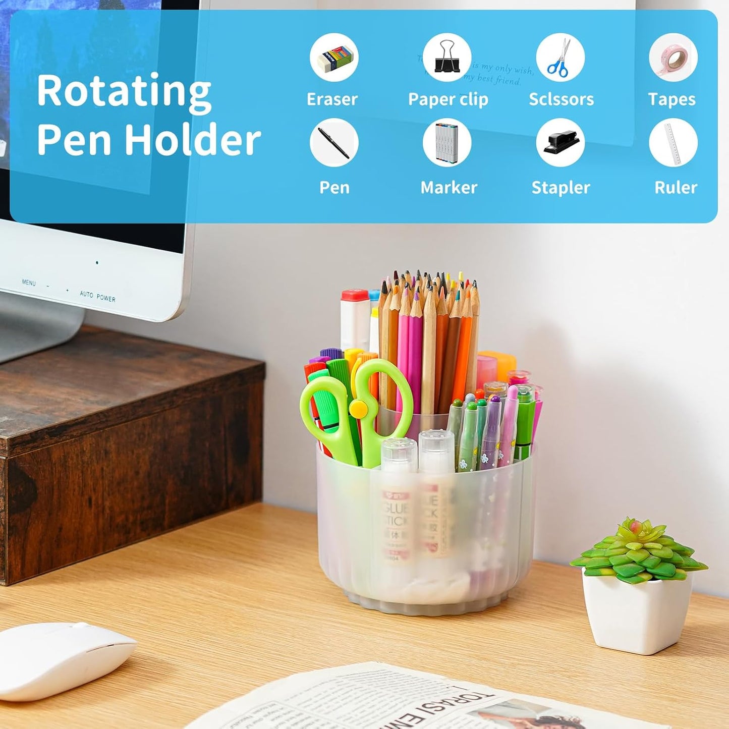 Marbrasse Desk Organizer, 360-Degree Rotating Pen Pencil Holder, Desk Organizers and Accessories with 5 Compartments Pencil Holder, Art Supply Storage Box Caddy (Translucent)