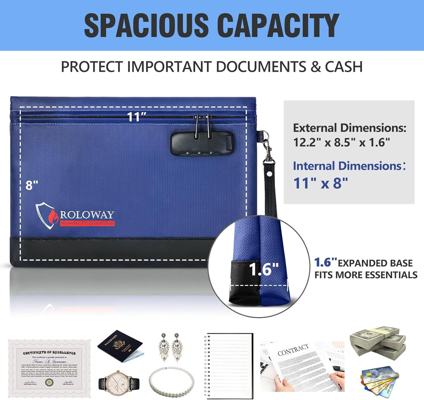 ROLOWAY Fireproof Money Bag with Lock for Cash, 6400°F Fire Proof Document Bag (12.2 x 8.5 x 1.6 inches), Money Pouch with Zipper (Blue)