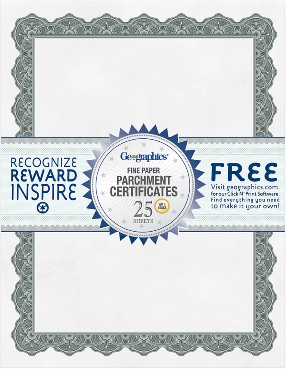 Optima Green Certificates with Gold Foil Seals, 8.5 x 11, Seal 1.75", Pack of 25 (39452S)