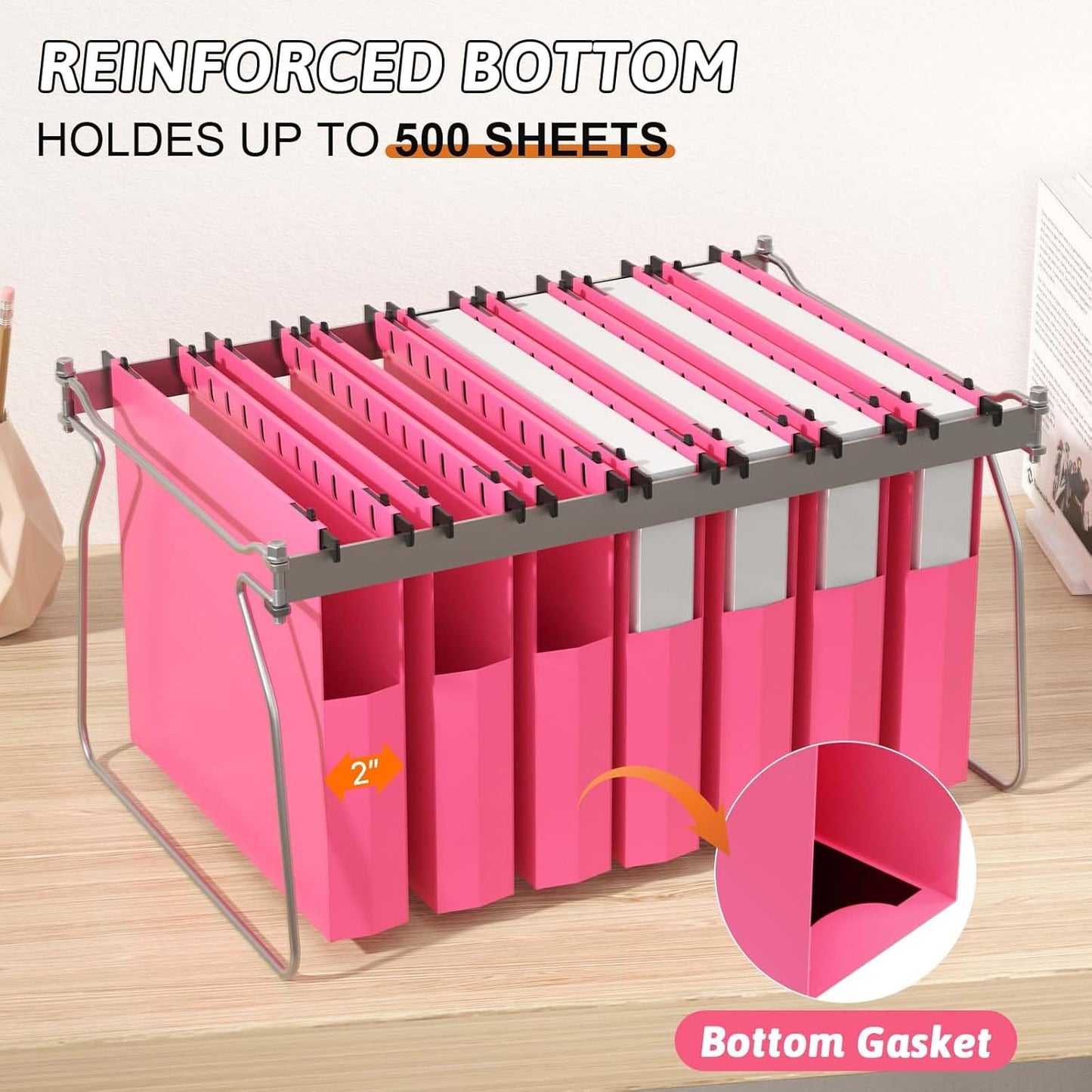 Plastic Hanging File Folders Expanding,12 Pack Extra Capacity Hanging File Folder Letter Size,2 Inch Expansion Heavy Duty Folders,Adjustable Tabs,Pink Hanging Folders Designed for Bulky Files