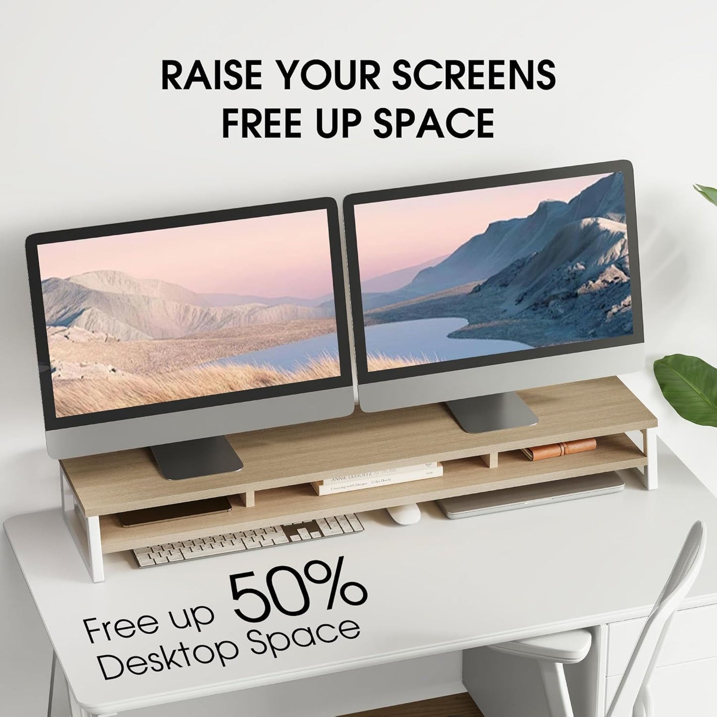 Fenge Dual Monitor Stand for Desk, 42.5in Large Monitor Riser for 2 Monitors, 2 Tier Computer Office Desk Top Shelf, Desktop Storage Stand for Laptop, PC, Computer, Printer