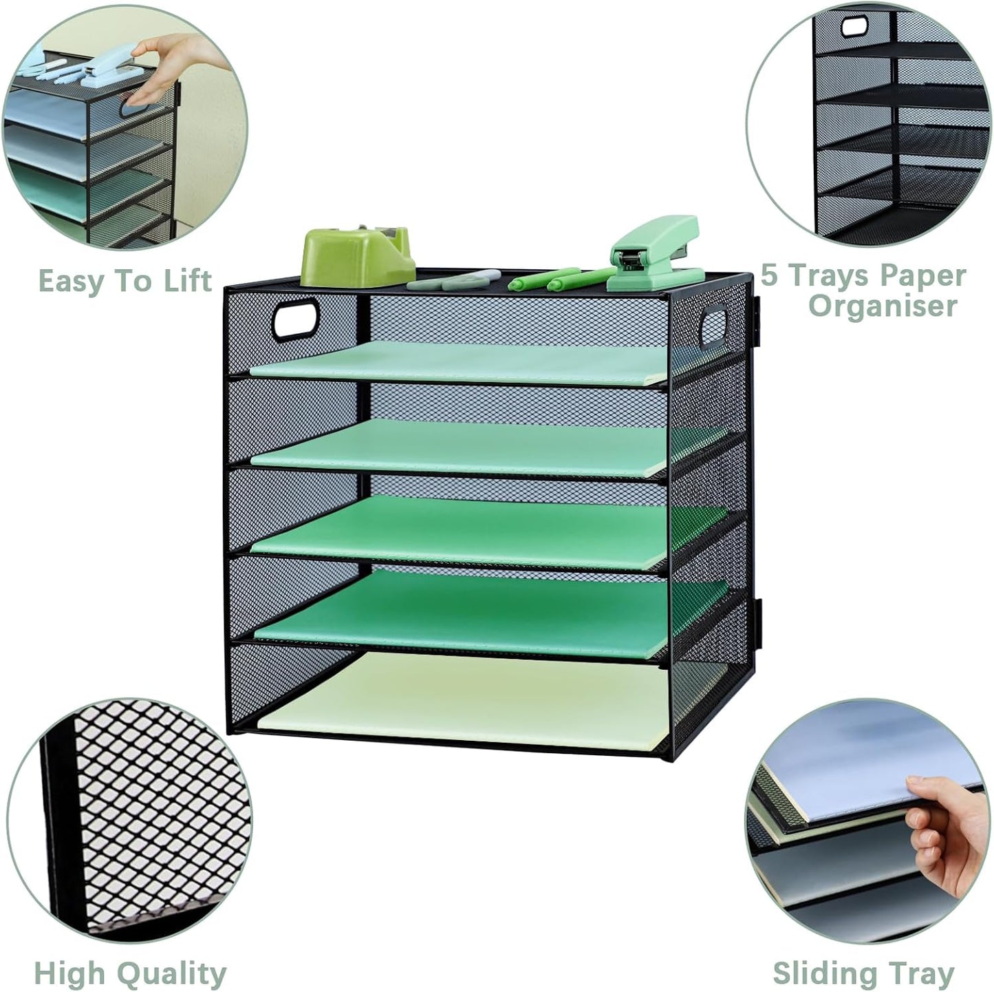 Paper Letter Tray with Handle, 5 Tier Metal Mesh Desk File Organizer, A4 Paper Desktop Filing Trays, Desk Tidy Magazine Document Holder for Home Office, Black