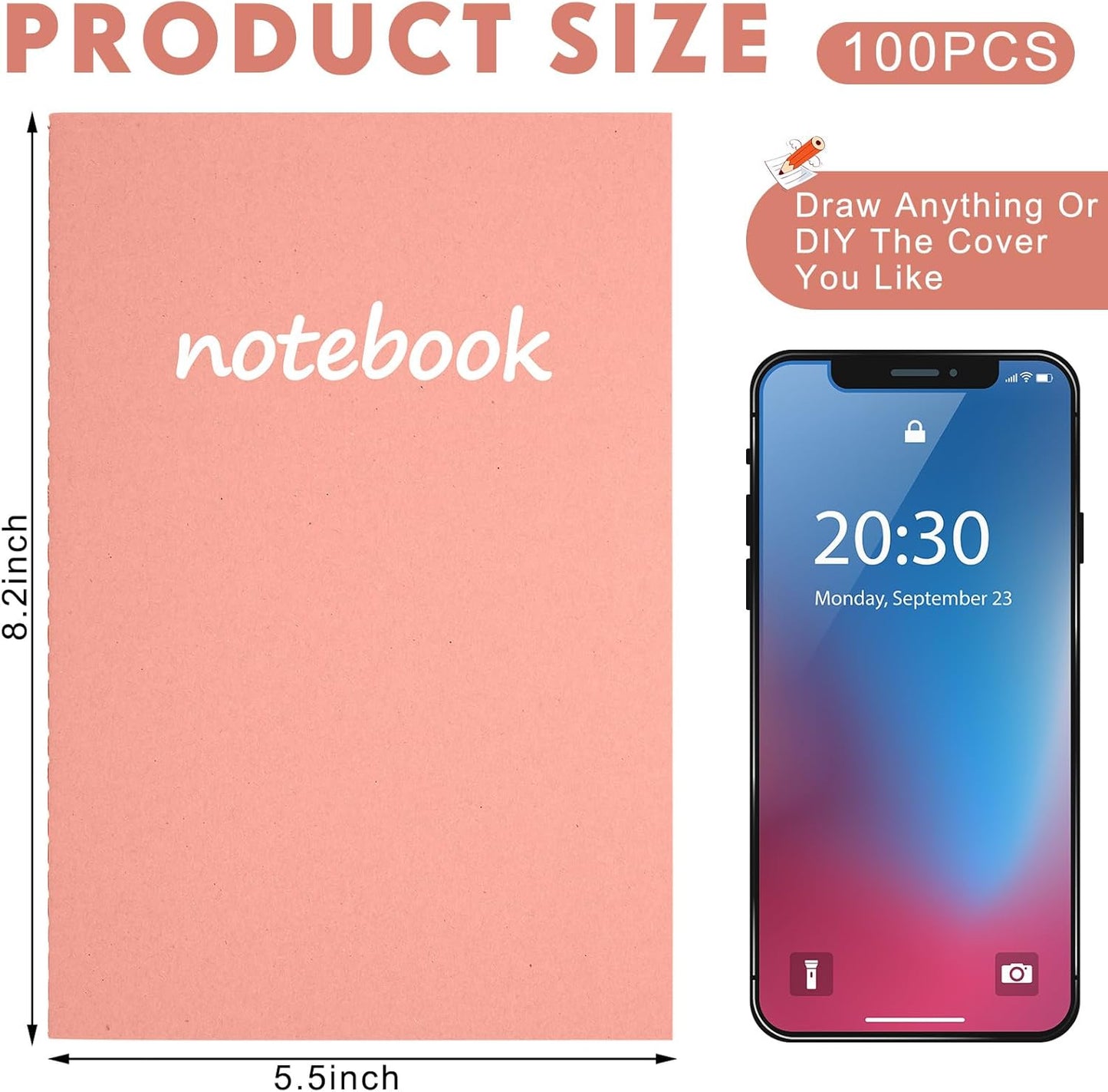 100 Pcs Kraft Notebook Journals 5.5 Inch x 8.3 Inch A5 Softcover Notebooks Bulk for Writing Sketch Office Notepad with 60 Pages 30 Sheets (Multicolor,Lined)(Bright Color,Notebook, Lined)