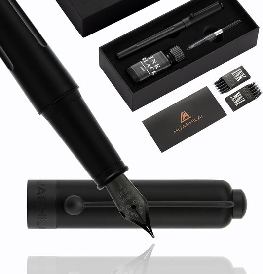 Luxury Matte Black Forest Fountain Pen Set,Titanium Black Extra Fine and Medium Nibs,Includes 2 Ink Converters,10 Ink Cartridges,15ml ink，Premium Gift Case for Calligraphy (Fine Nib)