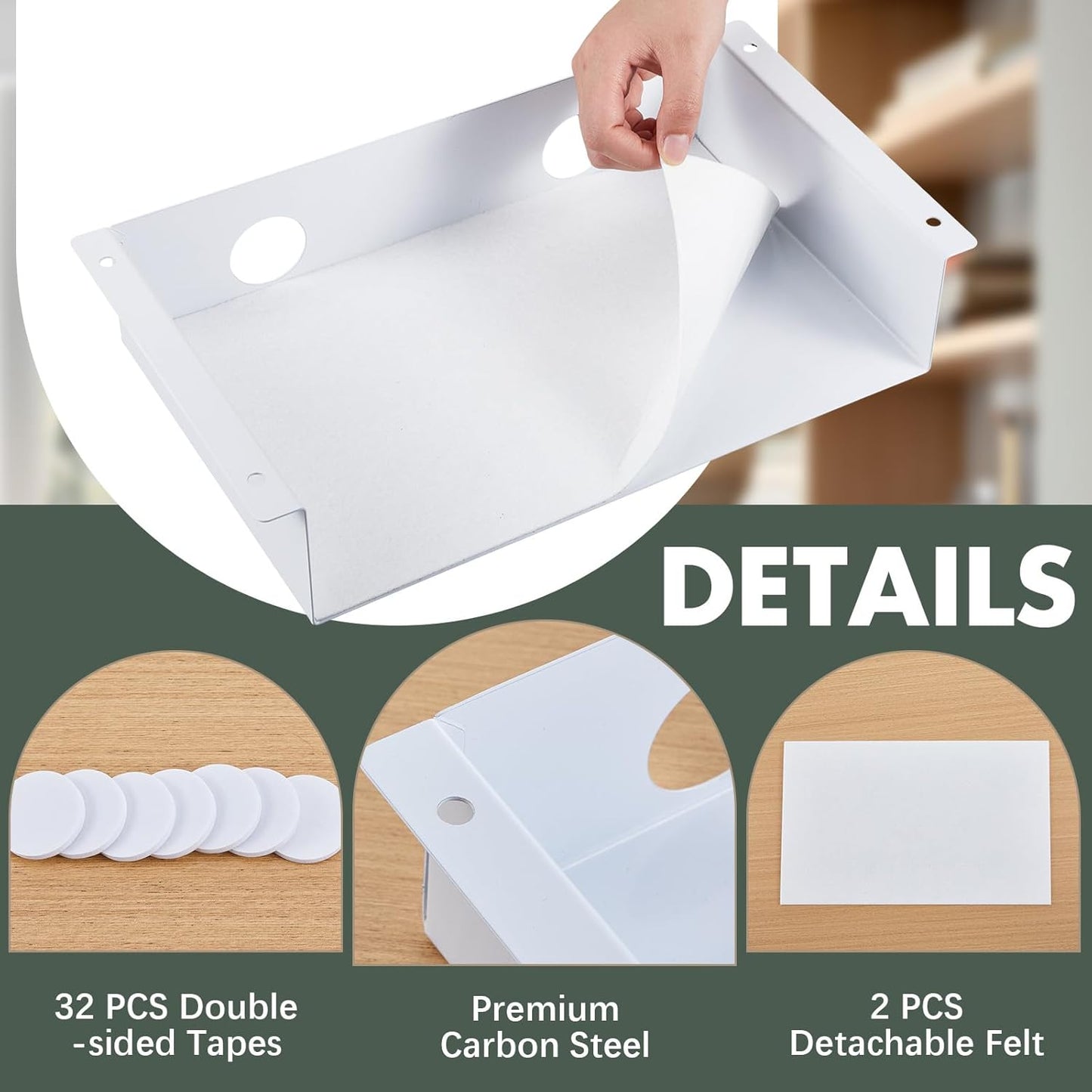 2 Pack Under Desk Storage Shelf, Carbon Steel Tray with Mute Felt Sheets, Mount Shelf Organizer for Office Home Workstation Gaming Stand Up Desk, 13x8x2.8 in(White)