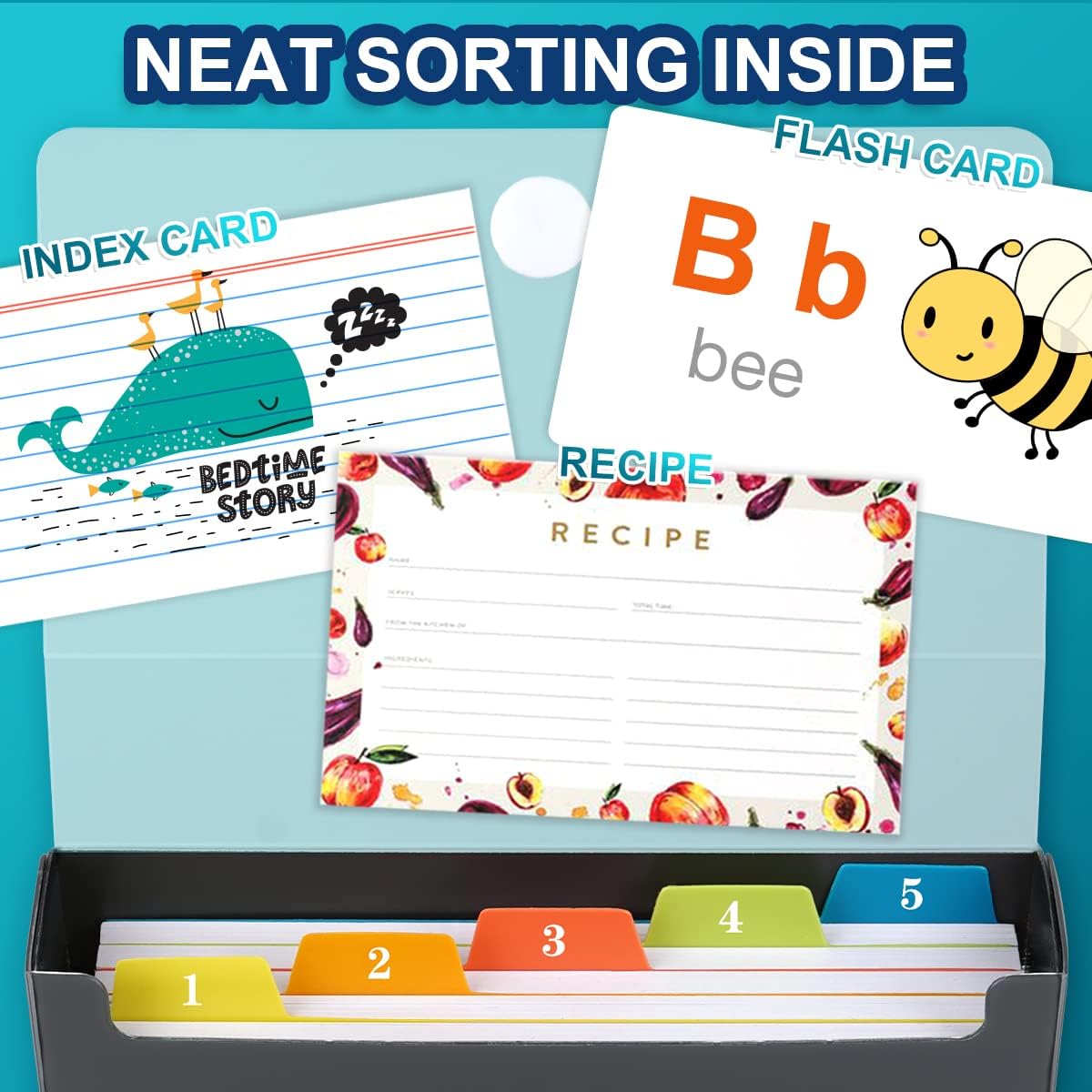 H4D 3x5 Index Card Case with 100 Heavyweight Ruled Index Cards and Dividers, Teal