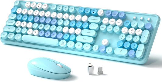 Wireless Keyboard and Mouse, Full-Size Retro Typewriter Keyboard with Round Keycaps, 2.4GHz for Windows, Mac, Laptop, PC, Desktop (Blue Colorful)