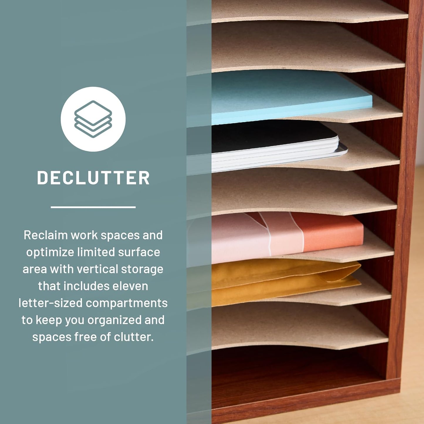 Safco Vertical Literature Organizer, 11 Compartments, Office and Classroom Mailbox with Adjustable Shelves, Wood Paper and Mail Sorter, Cherry