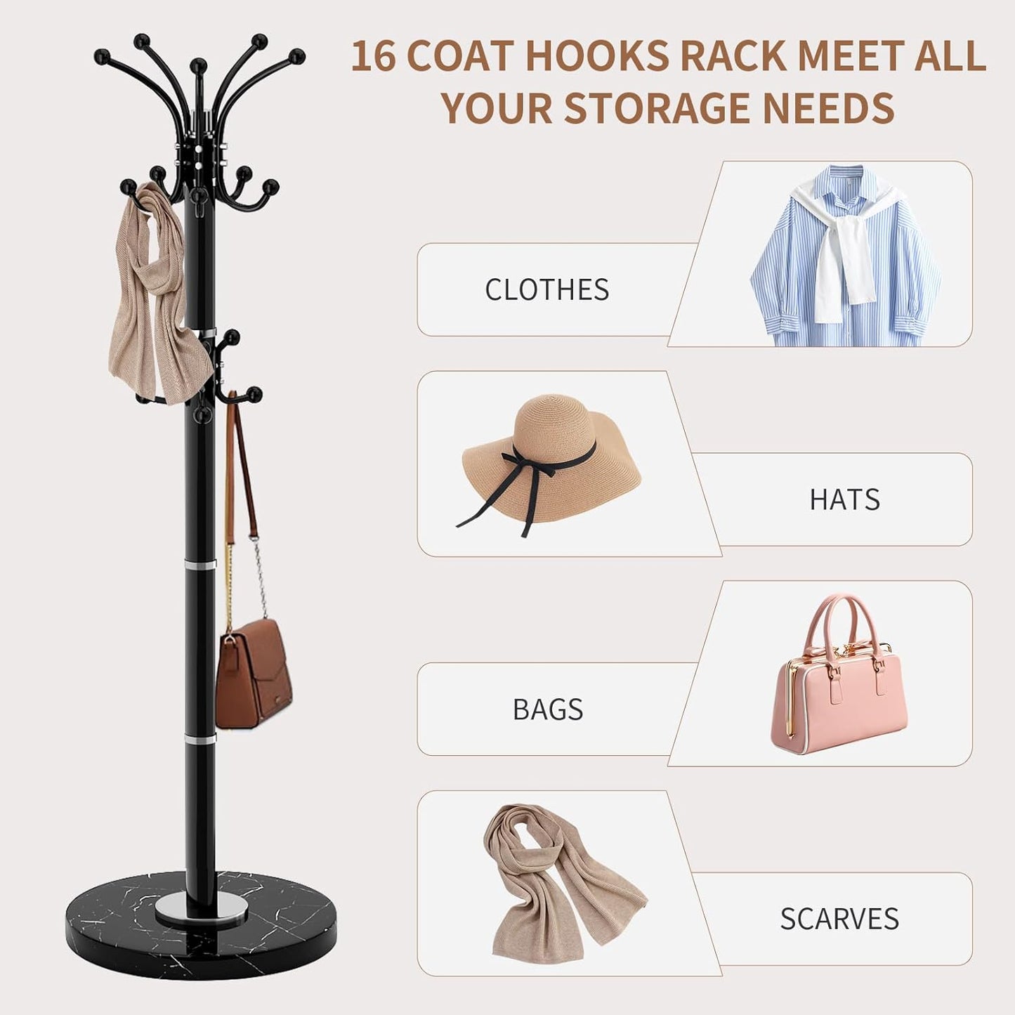 Modern Metal Coat Rack Stand, Coat Rack Freestanding with Natural Marble Base, 360°Rotary Design Sturdy Coat Racks with 16 Hooks, White Coat Hall Tree Stand for Entryway (Black)
