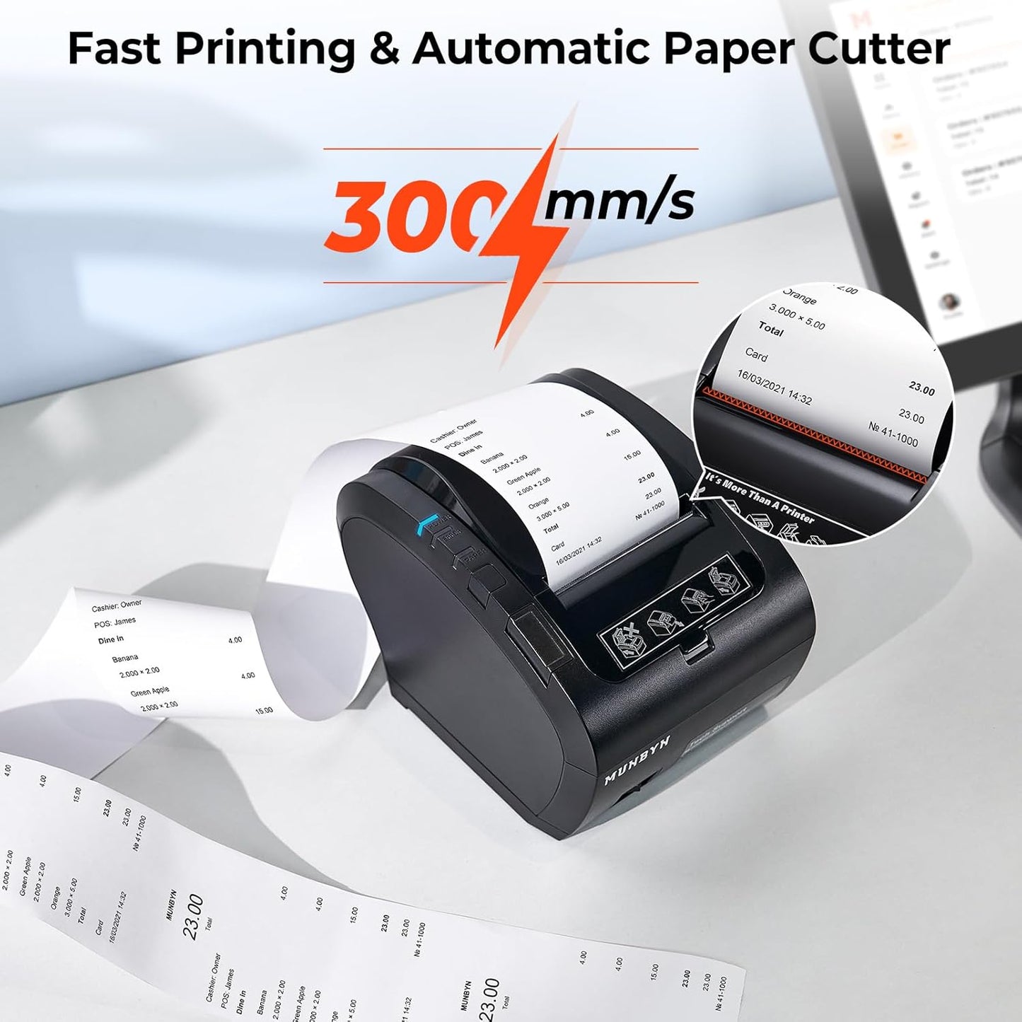 MUNBYN Bluetooth Thermal Receipt Printer P047, 80mm POS Printer, Thermal Printer with USB Serial Ethernet, Bluetooth, Support Android Windows PC (Do Not Support iOS Paypal Doordash Grubhub Vagaro)