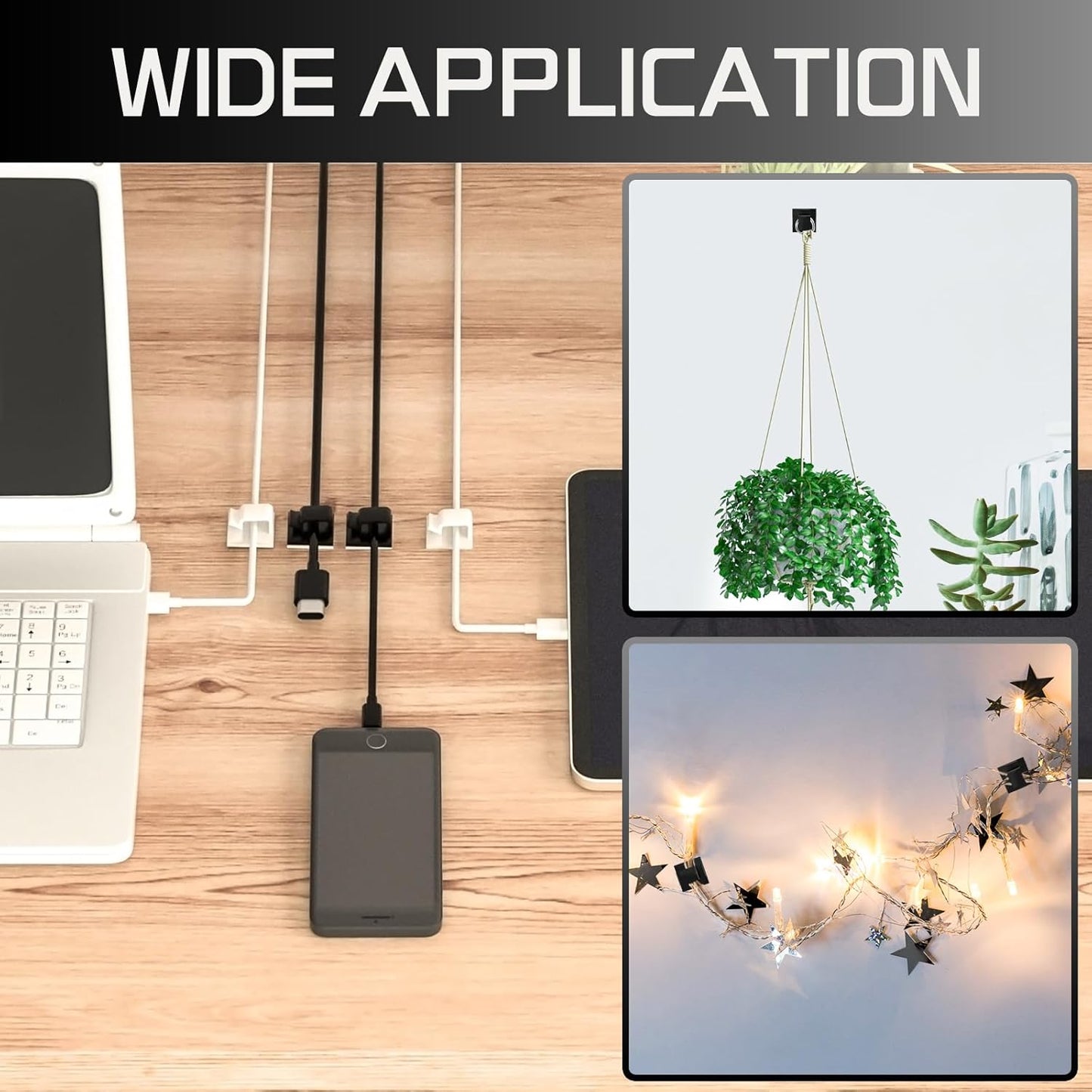 100PCS Cable Clips, Adhesive Wire Clips Strong Cord Clips Wire Holders, Cable Management Clips for Desk, Wall, Car, TV, Ethernet Cable (Black, Small)