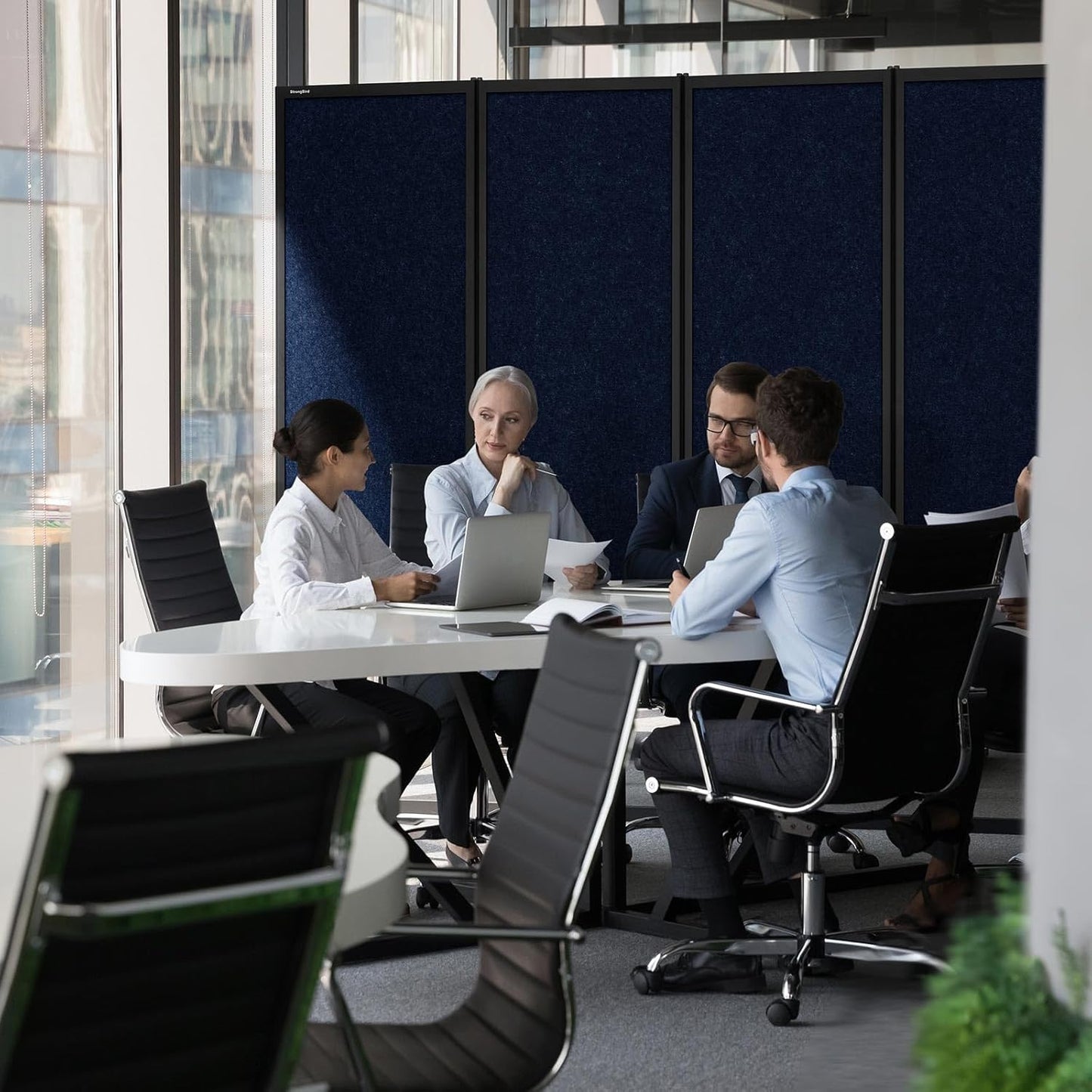 Upgrade Version Room Partition and Divider, Freestanding Rolling Dividers with Wheels,Office Privacy Screen Divider Wall,Classroom Felt Dividers,12'2"L* 6'7"H,6 Panel，Blue