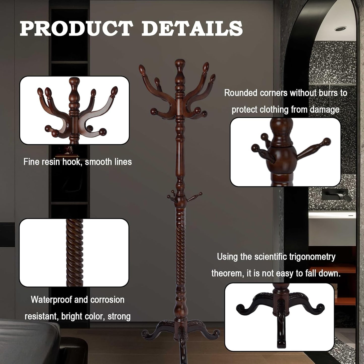 Coat Racks FreeStanding with 11 Hooks, Natural Wood Coat Rack with Tri-Legged Base, Adjustable Height Coat Racks, Easy Assembly for Hallway, Bedroom and Office (Walnut-Tri-Legged Base)