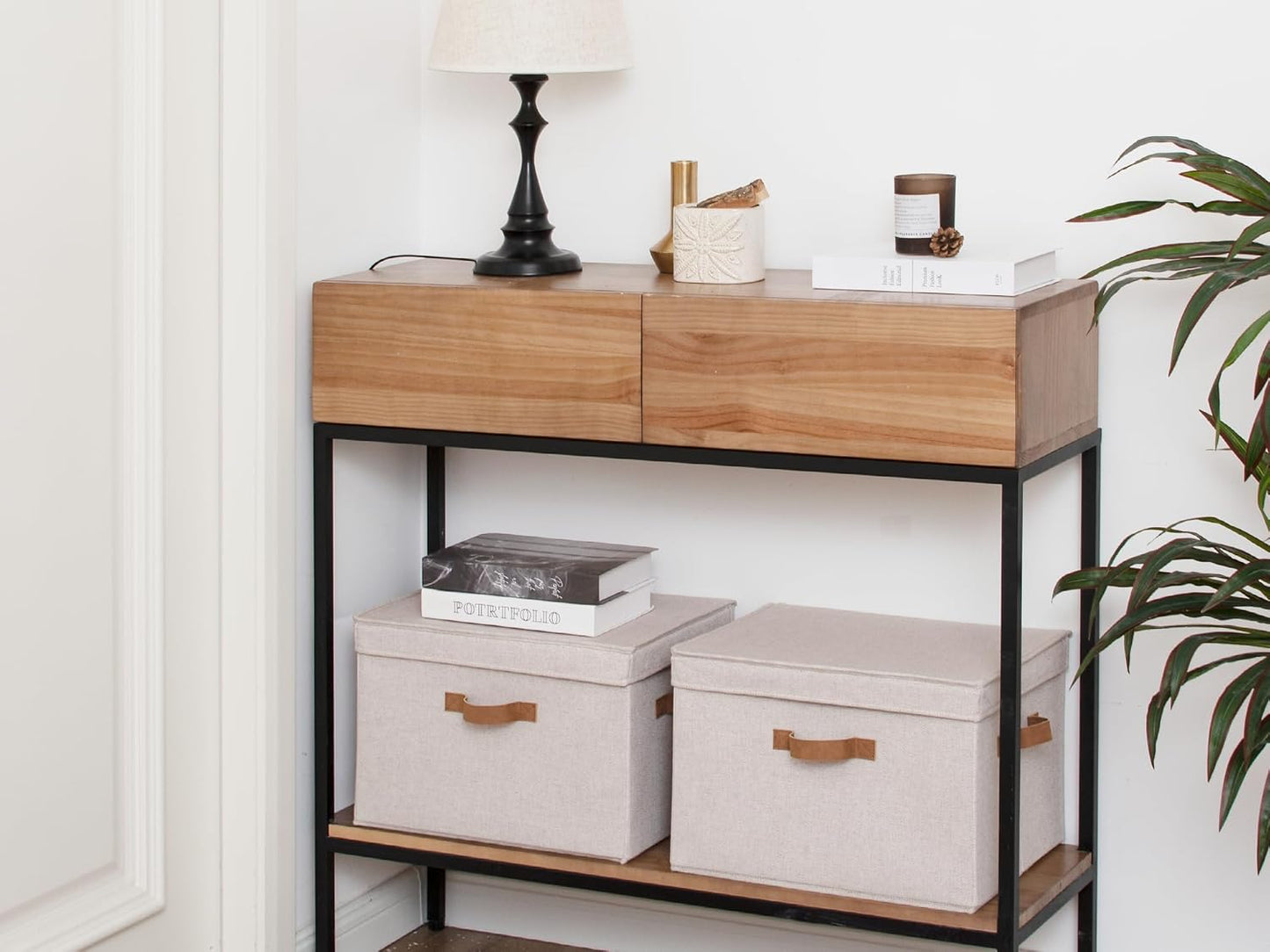 StorageWorks Fabric Storage Bins with Lid, Decorative Storage Boxes for Shelves, Stackable Closet Organizer Basket with Handles, Jumbo, Brown and Beige, 2-Pack