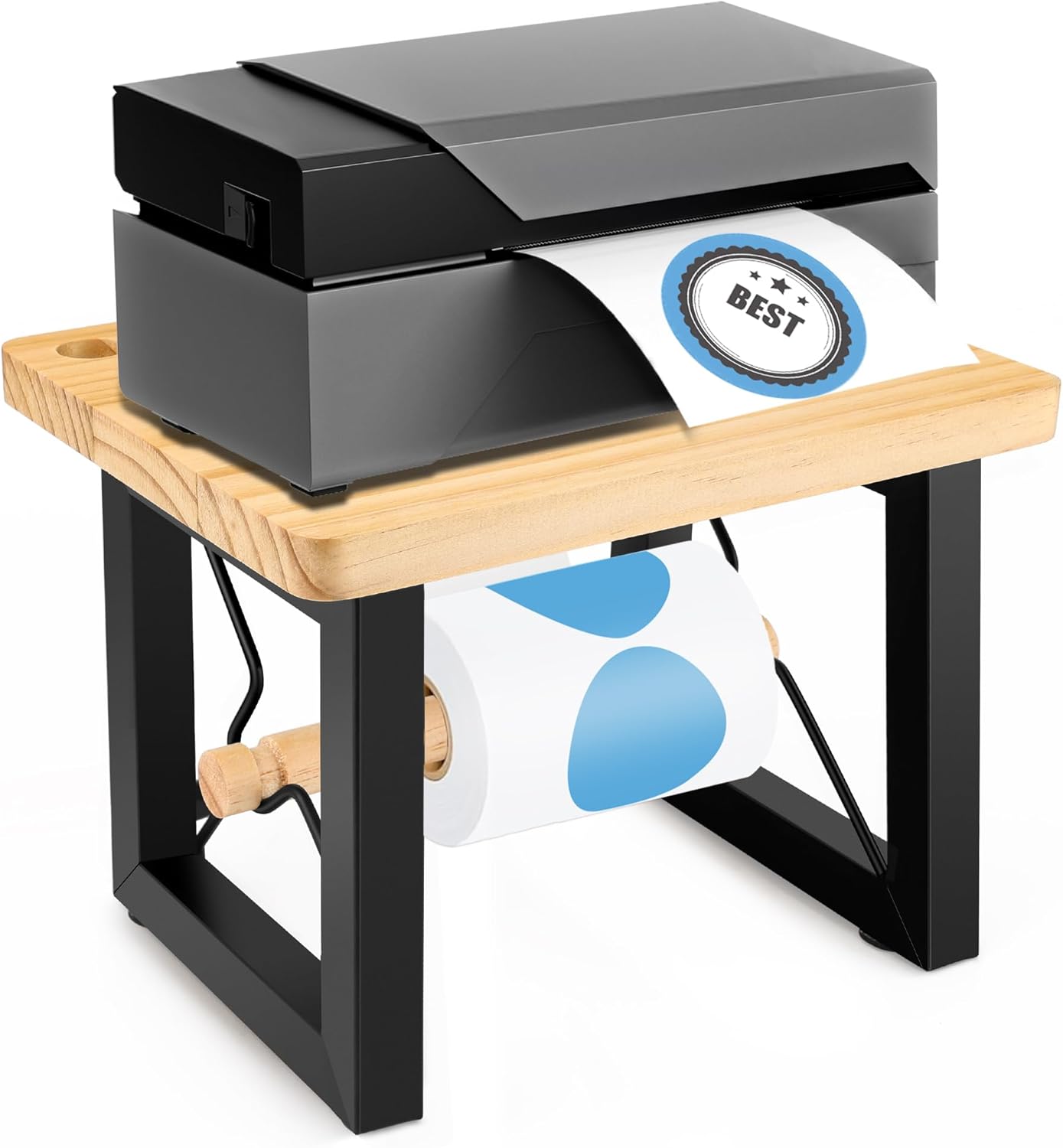 Label Holder for Rolls and Fan-Fold Labels, Thermal Printers Desktop Label Dispenser Stand, Durable Wooden Label Holder Organizer for Home, Office, Warehouse